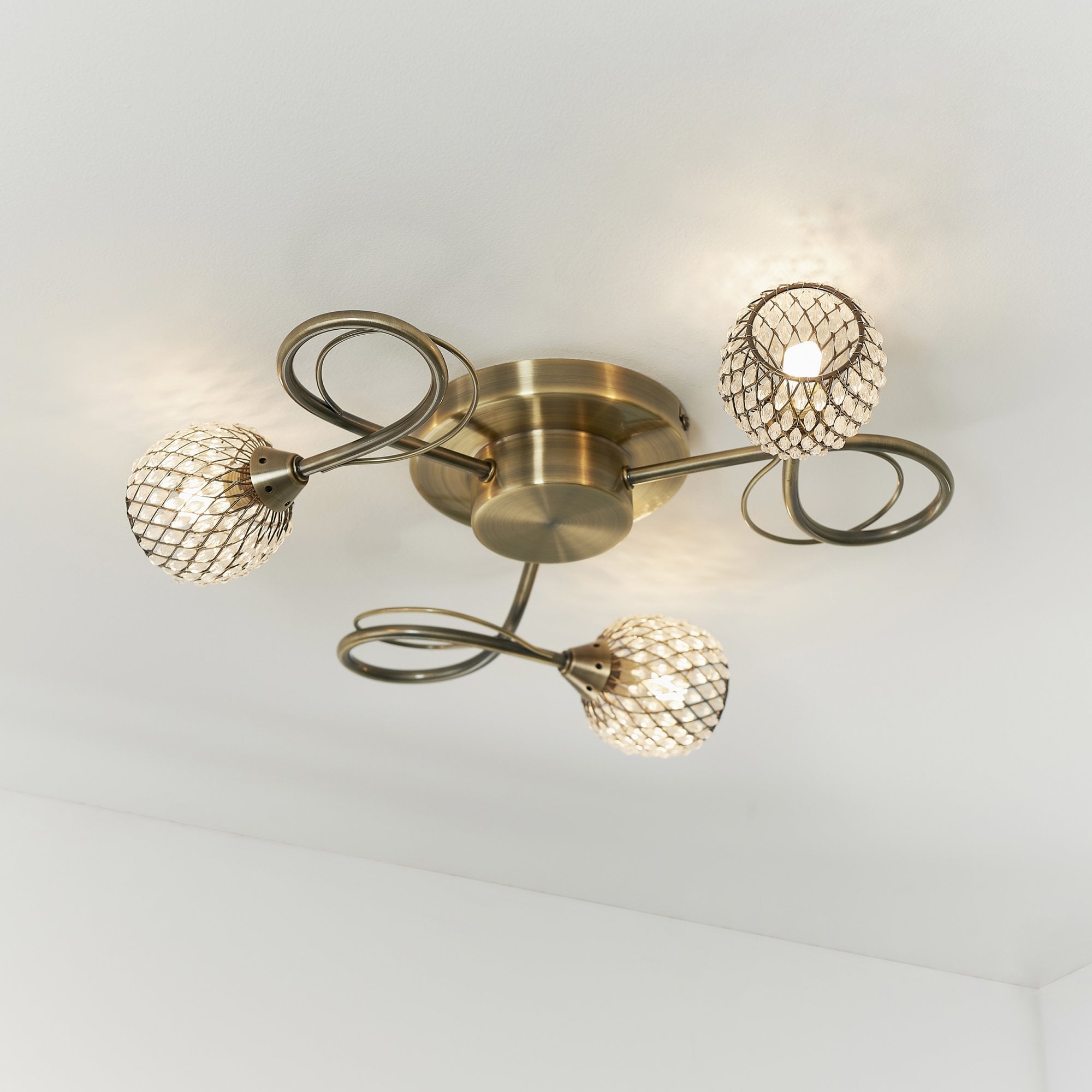 Endon Aherne 3 Light Semi Flush Fitting - Antique Brass Plate With Clear Glass & Brass Wire