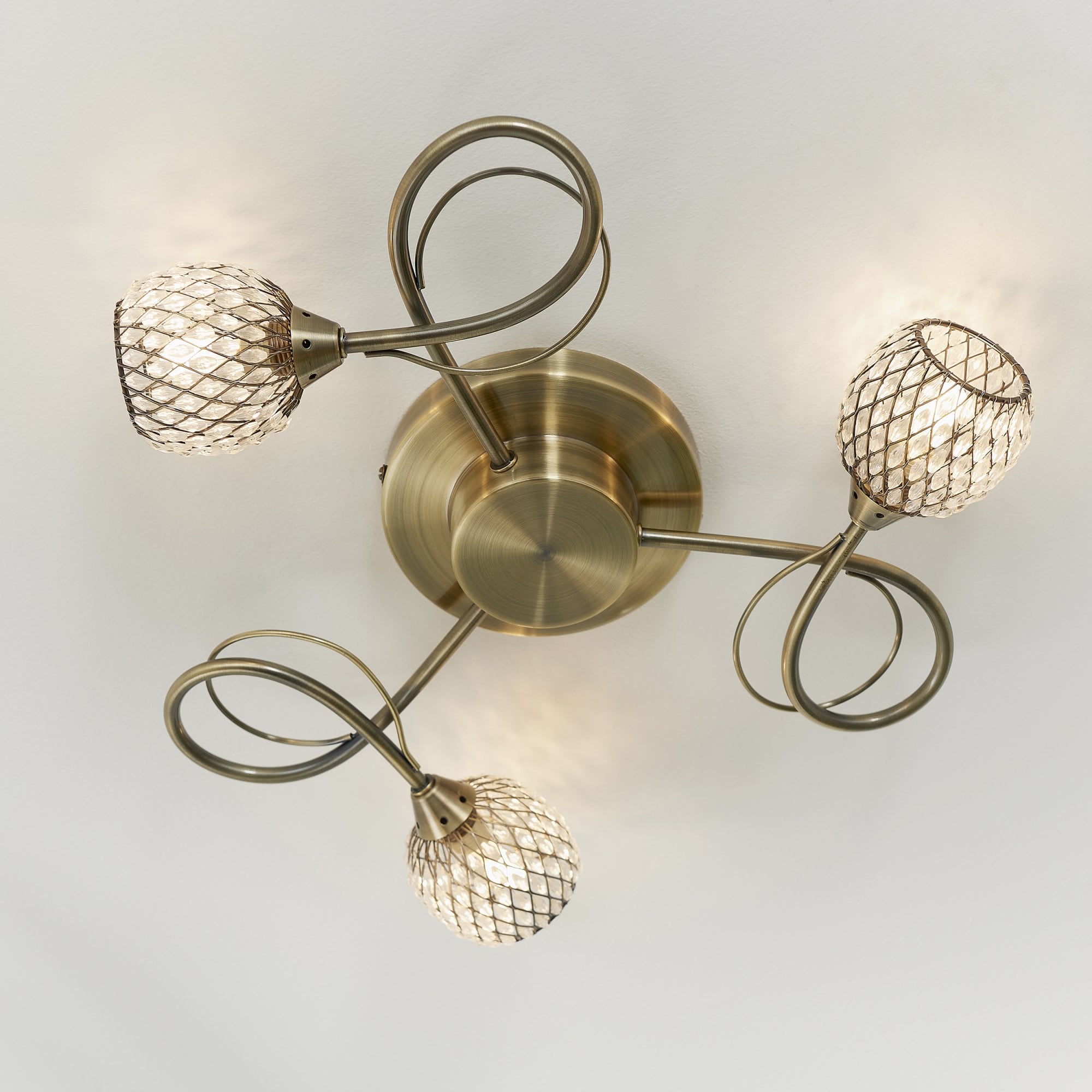 Endon Aherne 3 Light Semi Flush Fitting - Antique Brass Plate With Clear Glass & Brass Wire