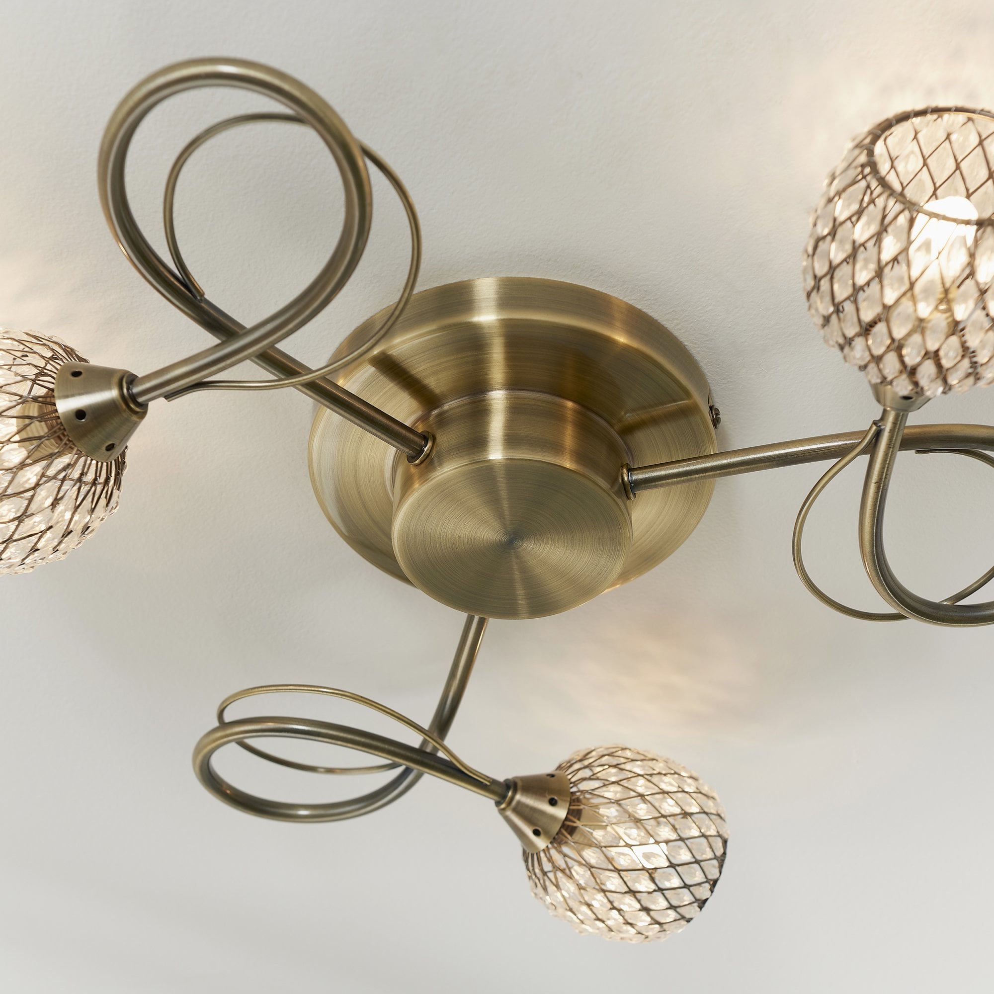 Endon Aherne 3 Light Semi Flush Fitting - Antique Brass Plate With Clear Glass & Brass Wire