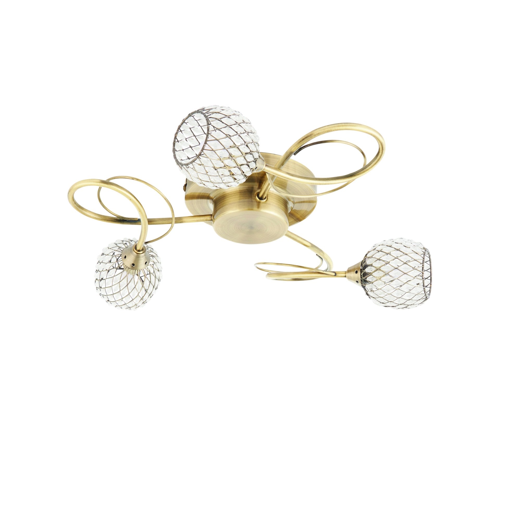 Endon Aherne 3 Light Semi Flush Fitting - Antique Brass Plate With Clear Glass & Brass Wire