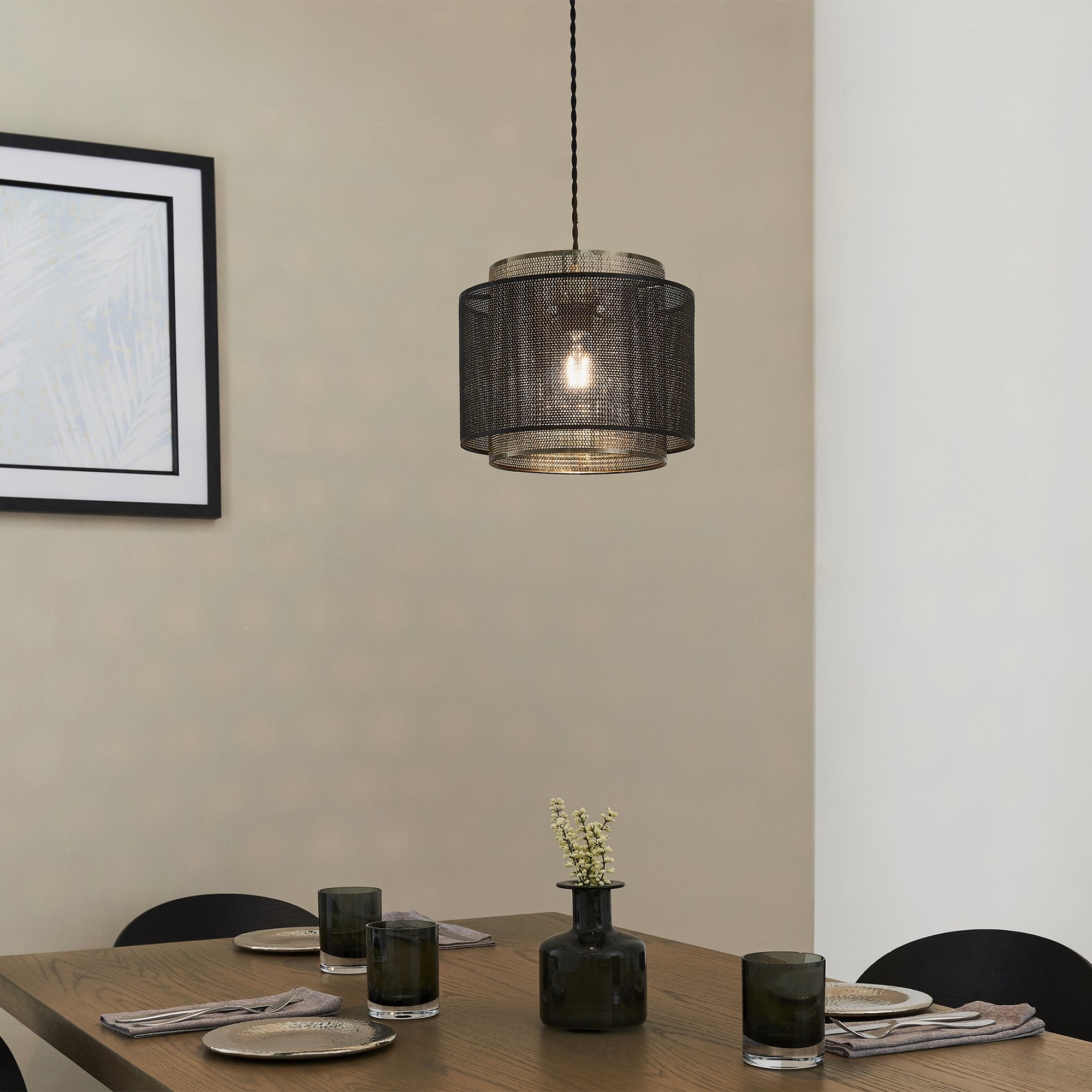 Endon Plexus Single Light Pendant Shade 340mm - Matt Black & Antique Brass Plate - Shade Only