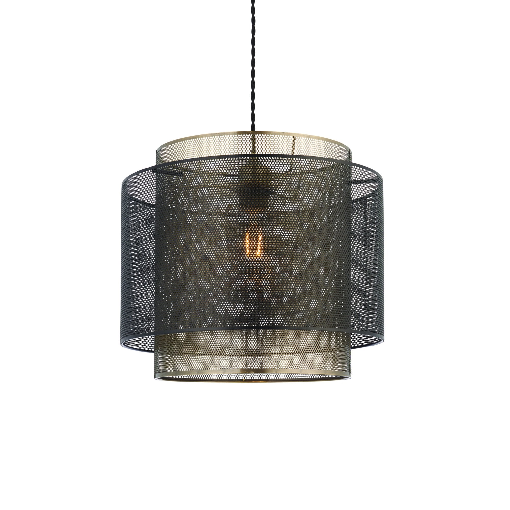 Endon Plexus Single Light Pendant Shade 250mm - Matt Black & Antique Brass Plate - Shade Only