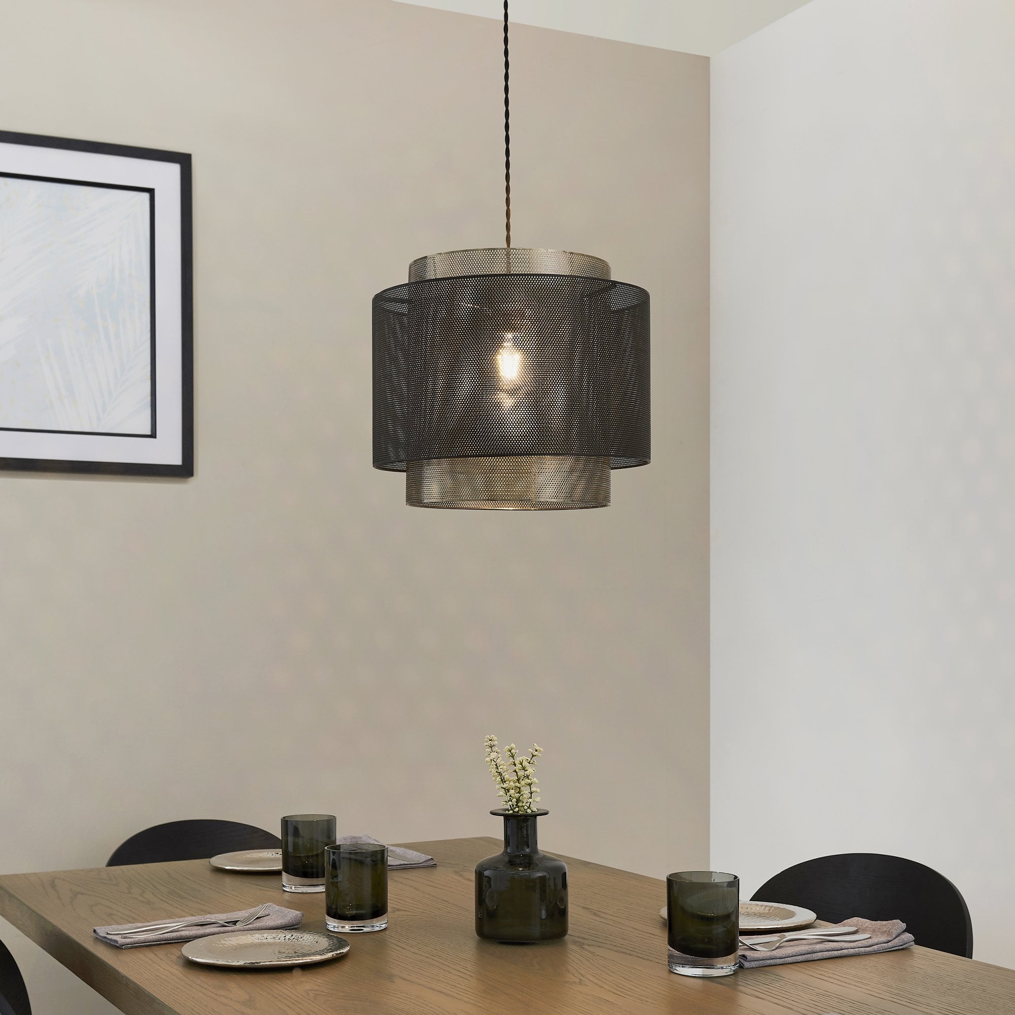 Endon Plexus Single Light Pendant Shade 250mm - Matt Black & Antique Brass Plate - Shade Only