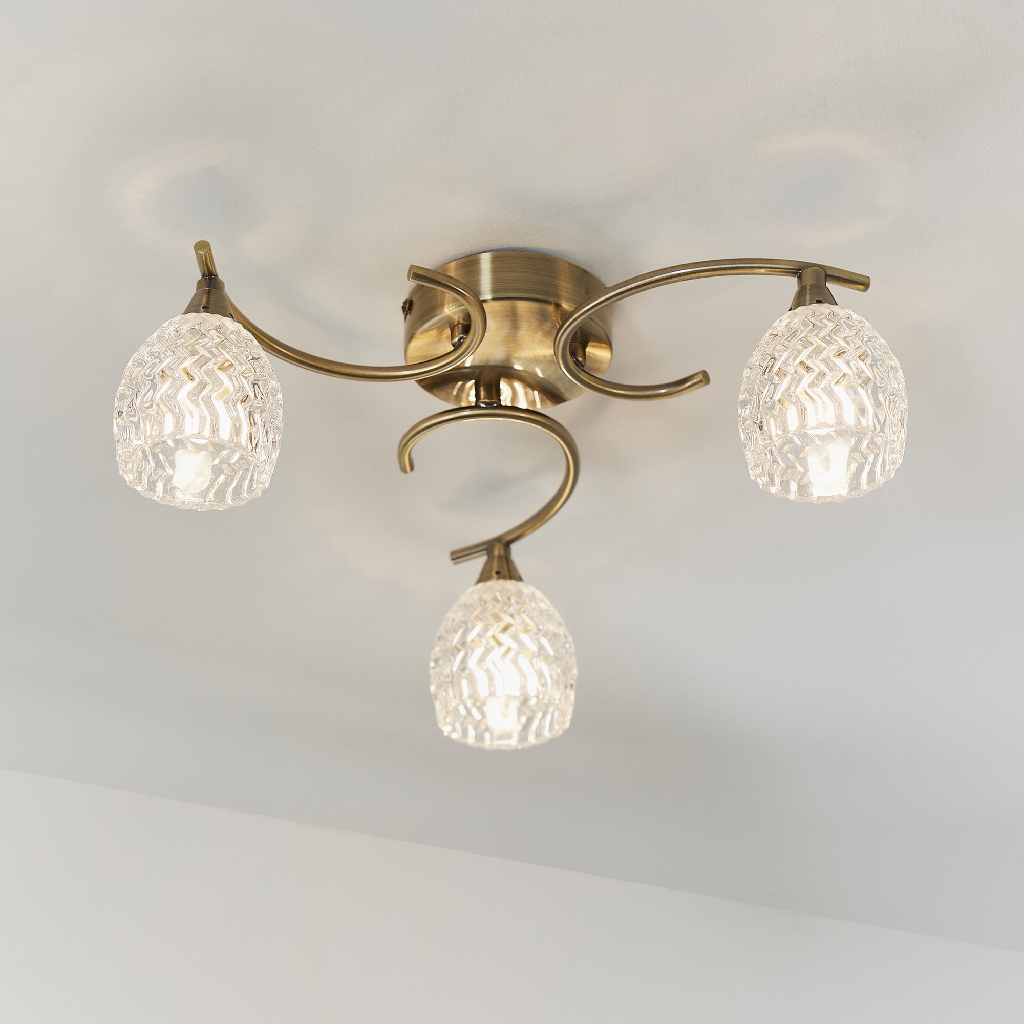 Endon Boyer 3 Light Semi Flush Fitting - Antique Brass Plate & Clear Glass