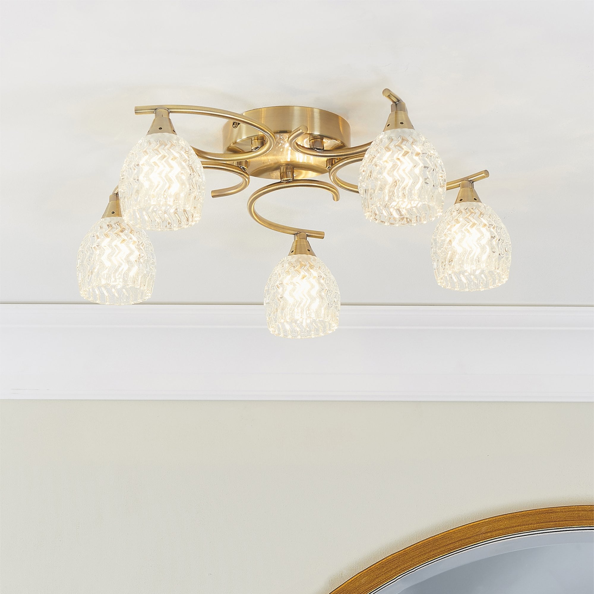 Endon Boyer 5 Light Semi Flush Fitting - Antique Brass Plate & Clear Glass