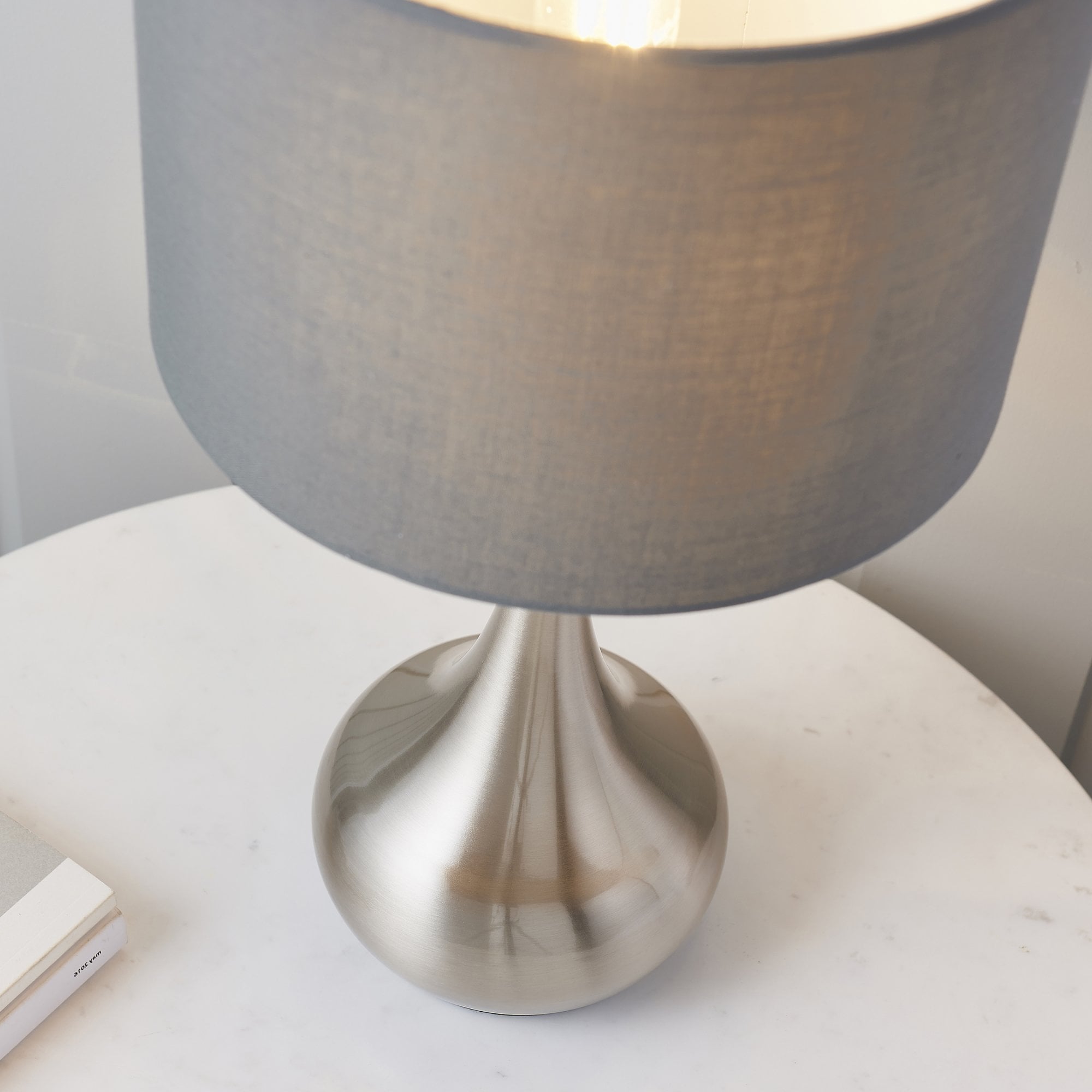 Endon Piccadilly Single Light Table Lamp - Satin Nickel Plate & Grey & Silver Fabric