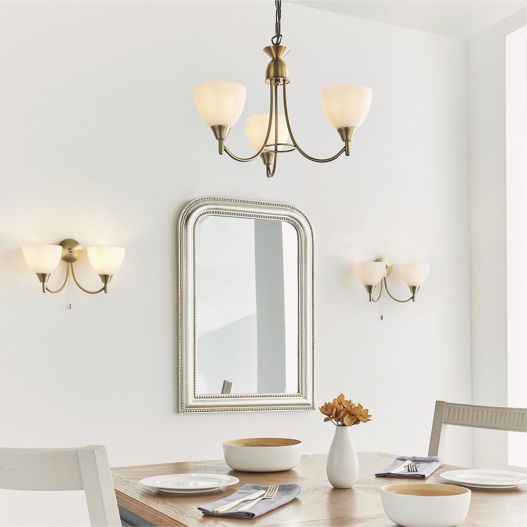 Endon Alton 3 Light Pendant - Antique Brass & Matt Opal Glass