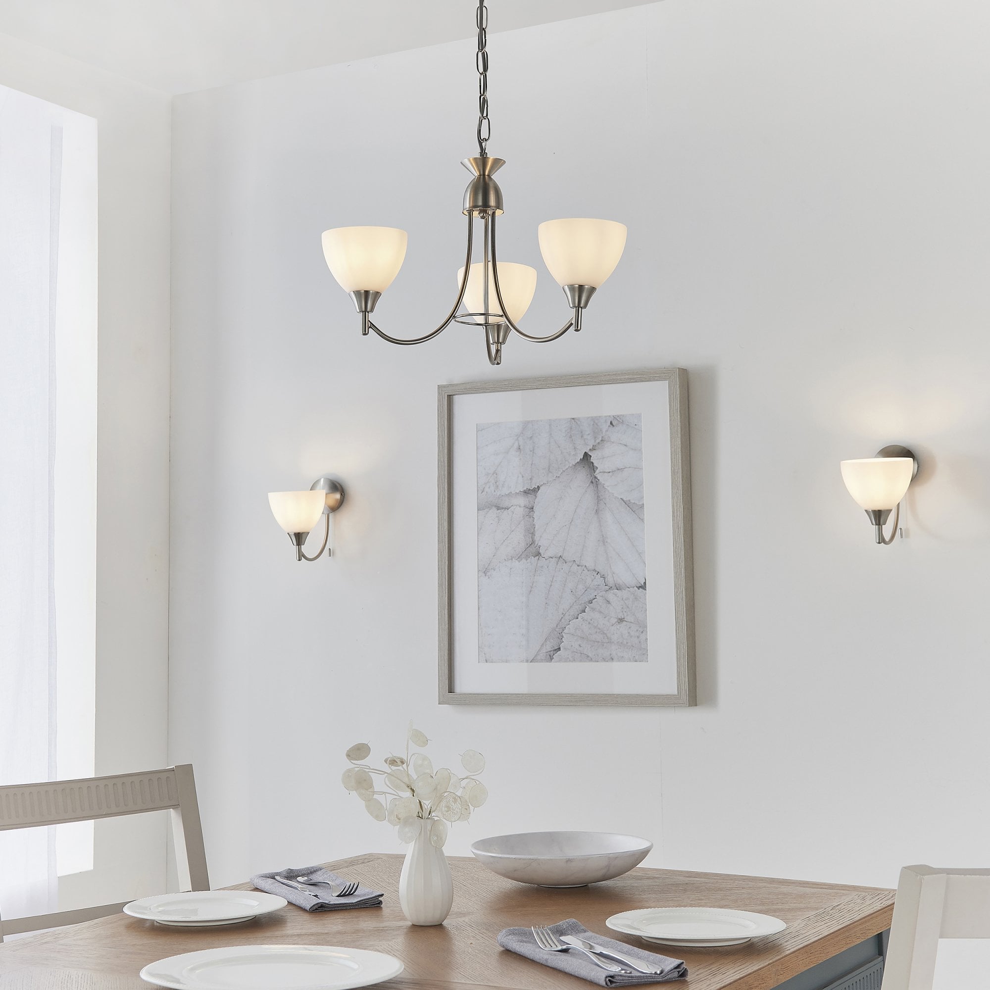 Endon Alton 3 Light Pendant - Satin Chrome Plate & Matt Opal Glass