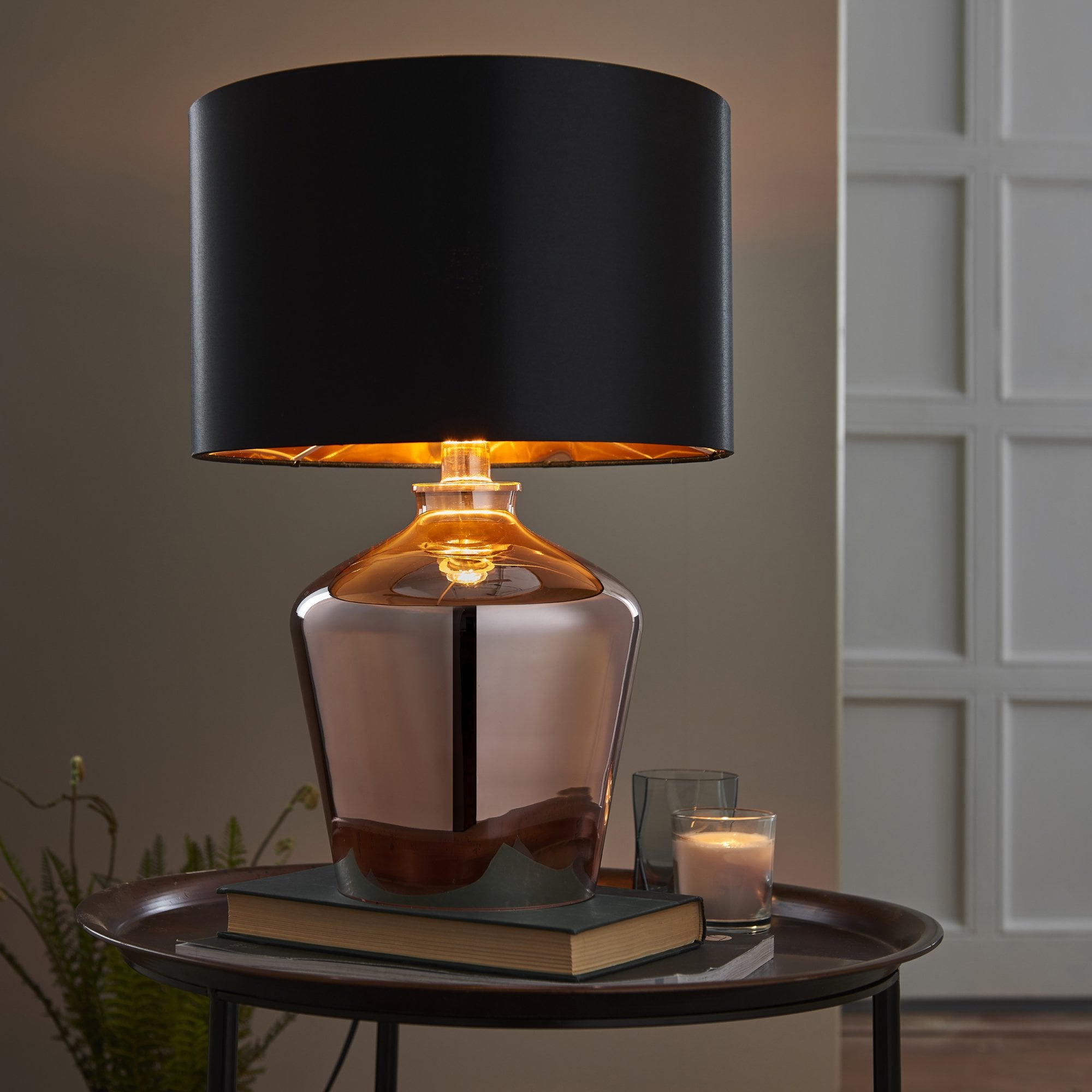 Endon Waldorf Single Light Table Lamp - Copper Glass & Black Fabric