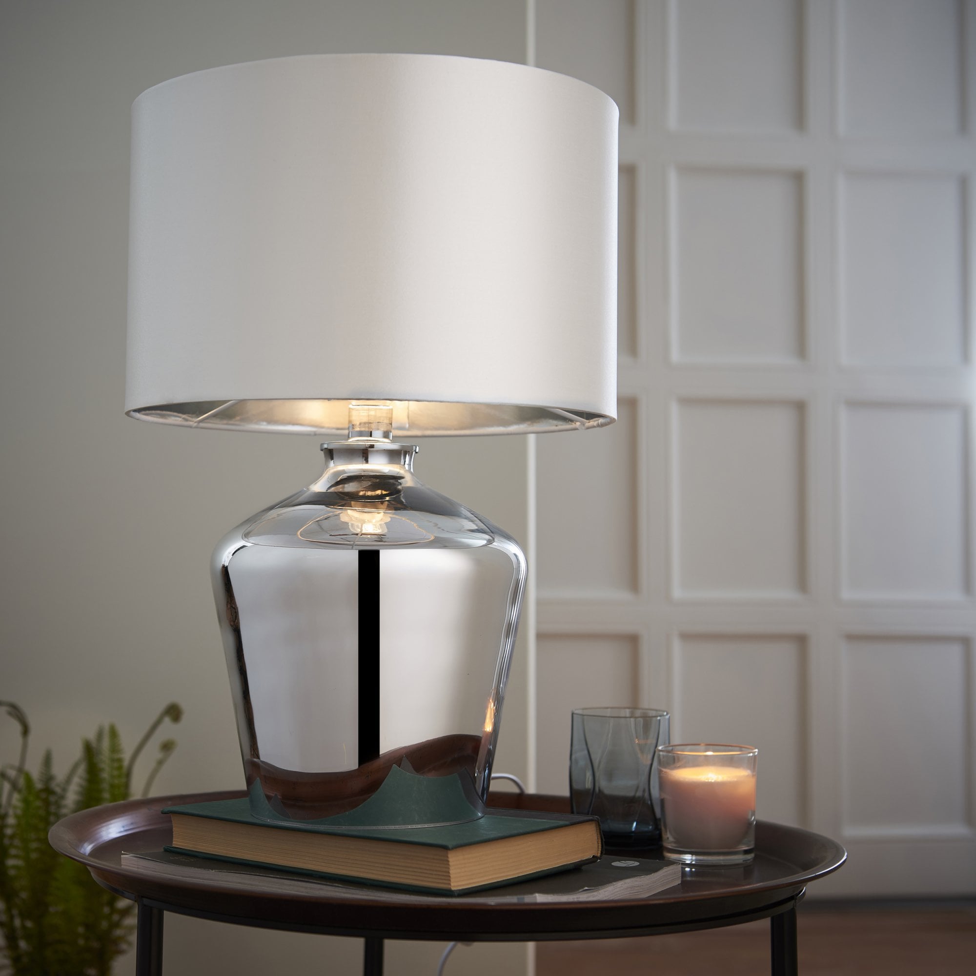 Endon Waldorf Single Light Table Lamp - Chrome Glass & Ivory Fabric
