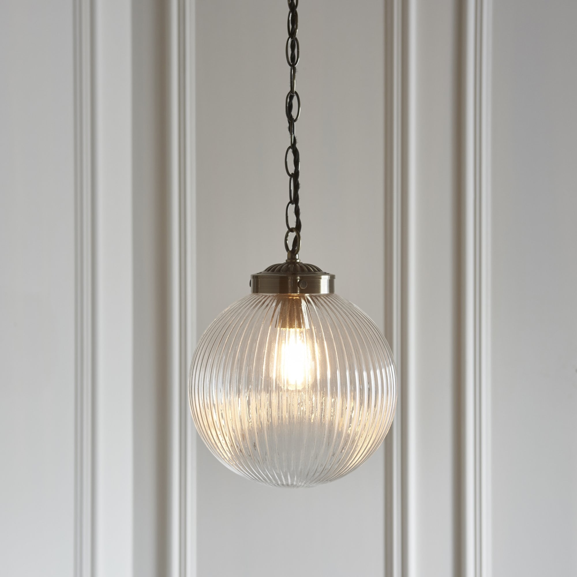 Endon Brydon Single Light Pendant 250mm - Antique Brass Plate & Clear Ribbed Glass