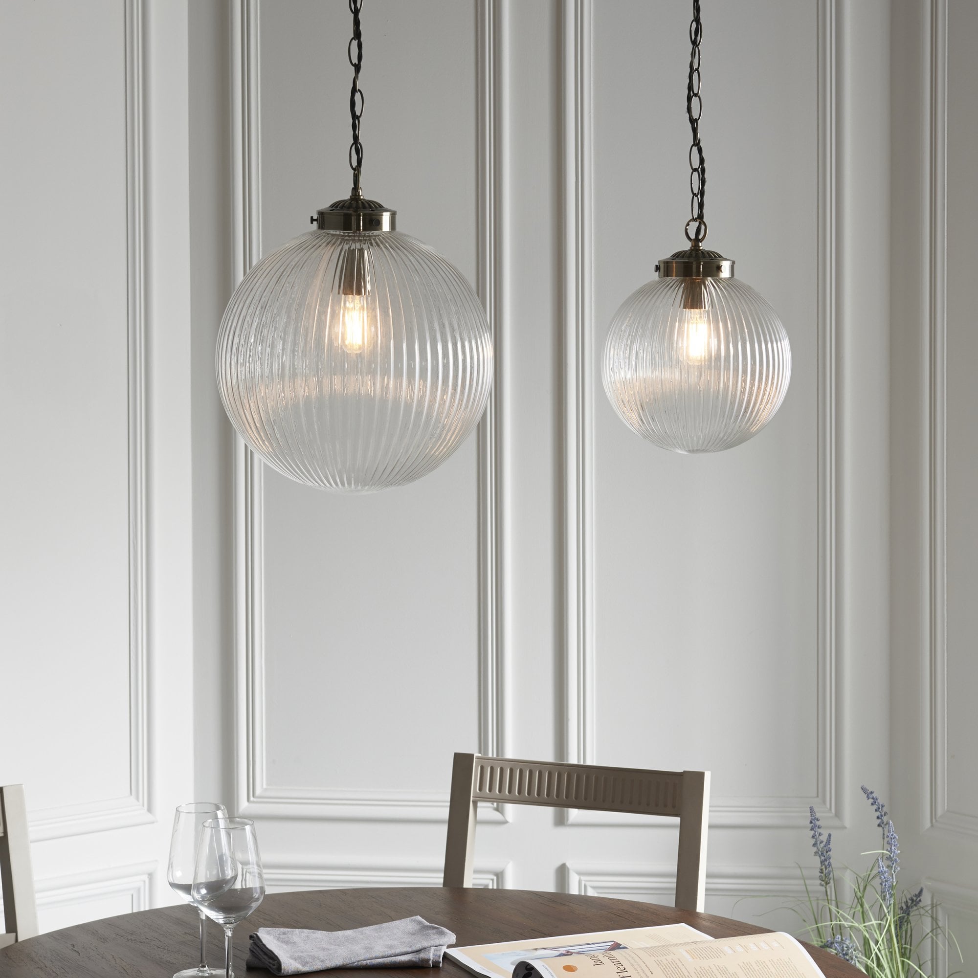 Endon Brydon Single Light Pendant 250mm - Antique Brass Plate & Clear Ribbed Glass