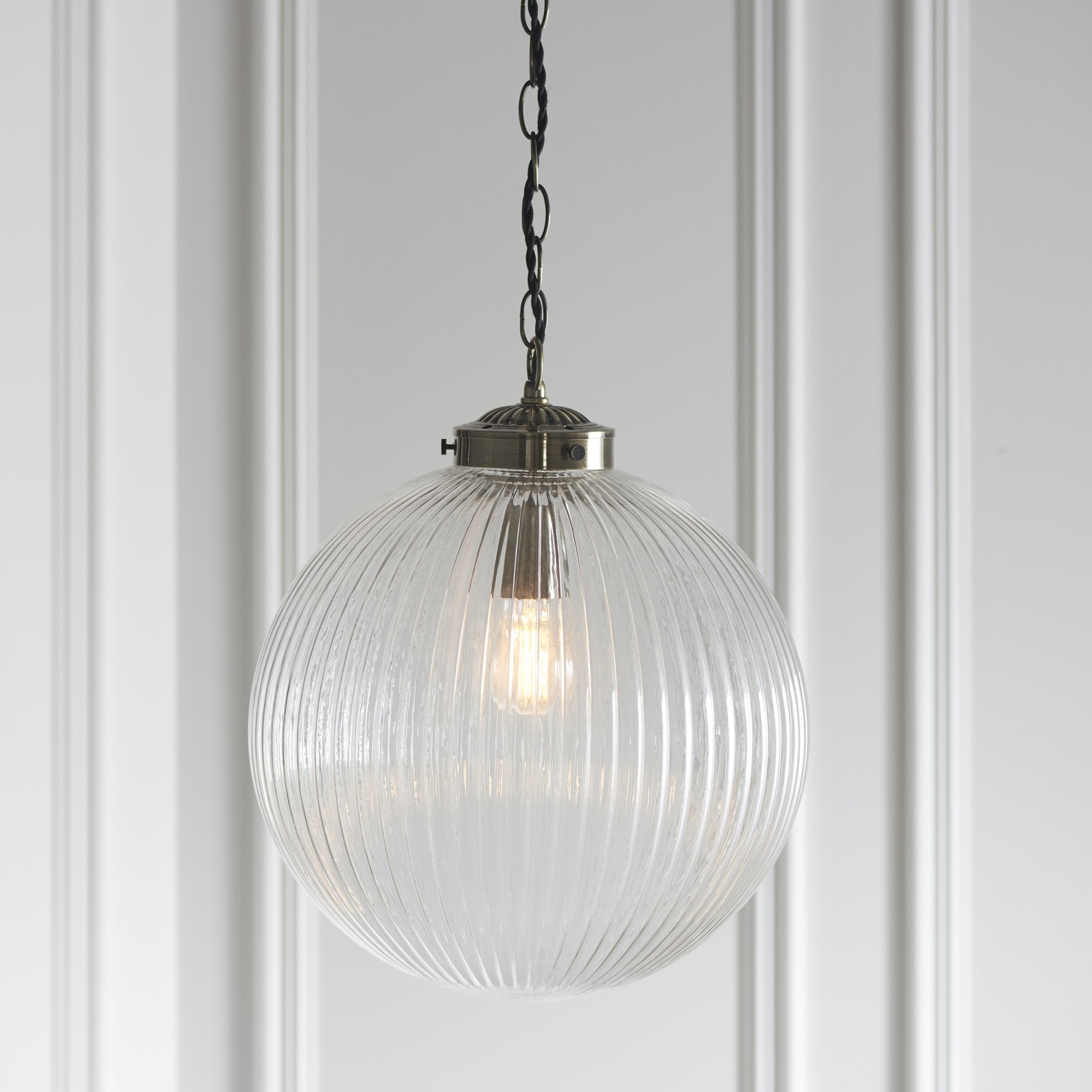 Endon Brydon Single Light Pendant 350mm - Antique Brass Plate & Clear Ribbed Glass