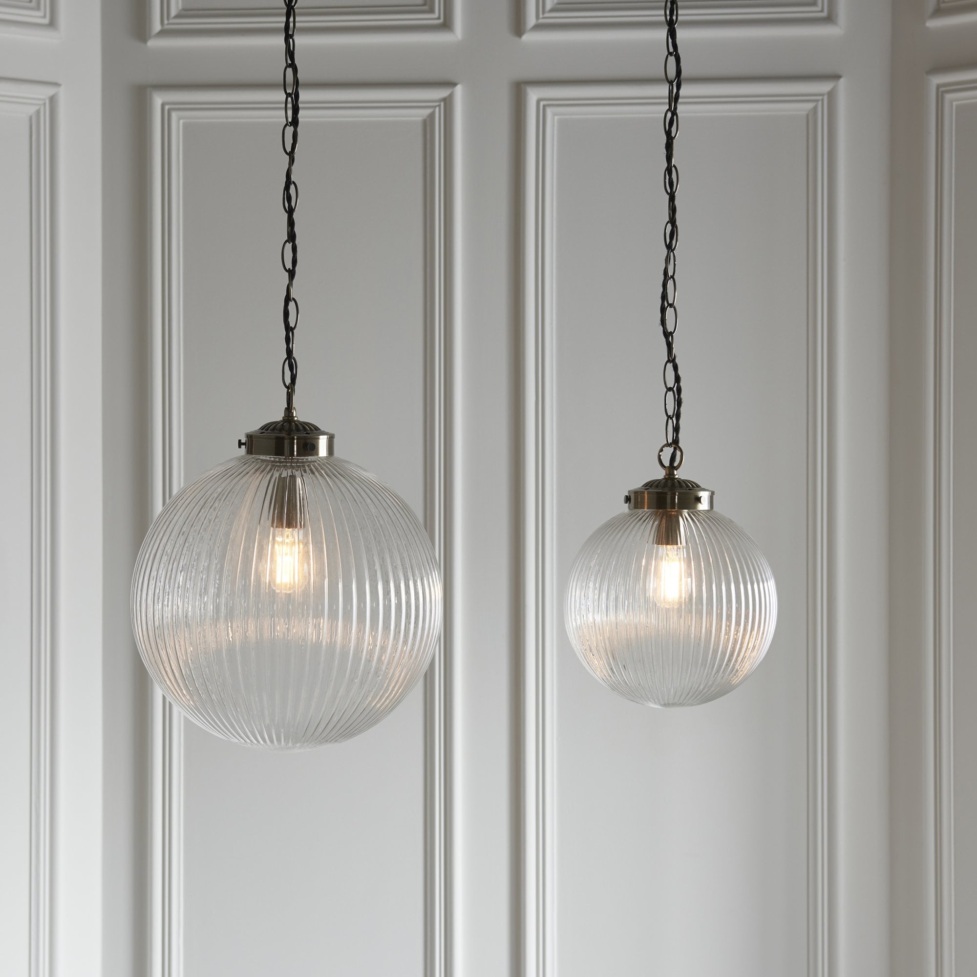 Endon Brydon Single Light Pendant 350mm - Antique Brass Plate & Clear Ribbed Glass