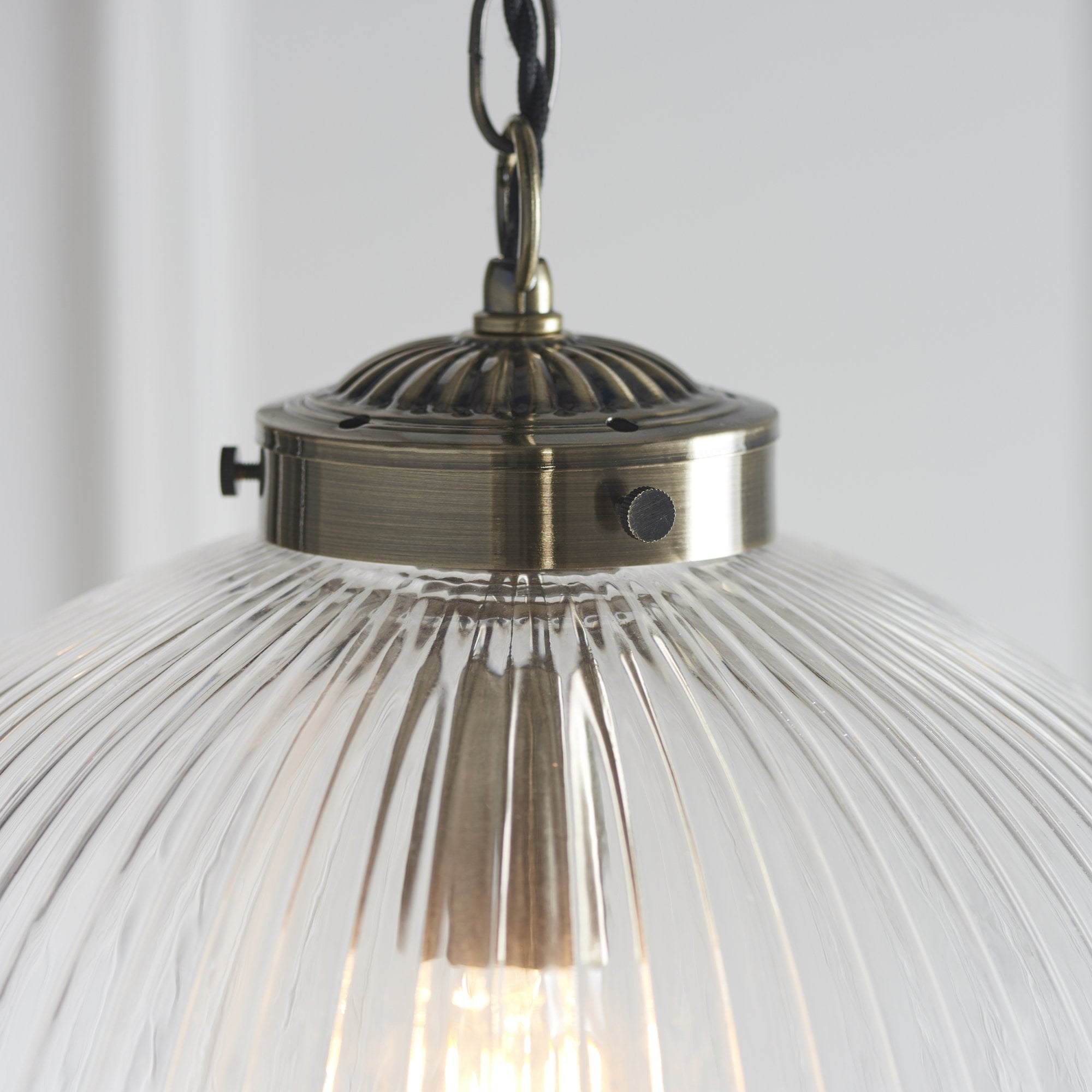 Endon Brydon Single Light Pendant 350mm - Antique Brass Plate & Clear Ribbed Glass