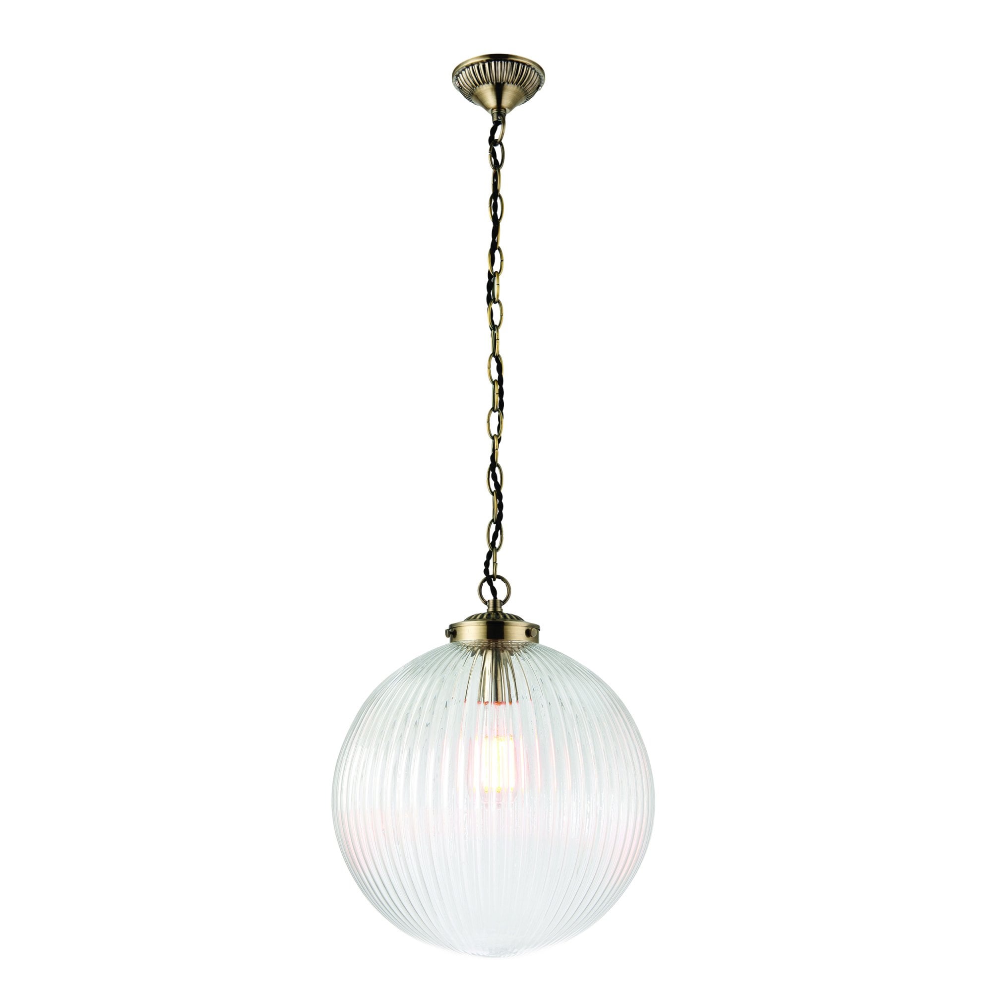 Endon Brydon Single Light Pendant 350mm - Antique Brass Plate & Clear Ribbed Glass