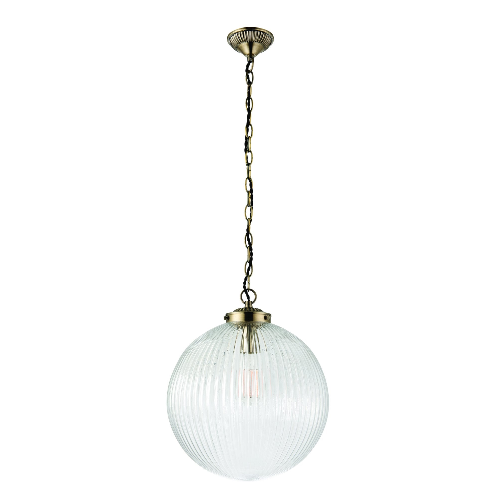 Endon Brydon Single Light Pendant 350mm - Antique Brass Plate & Clear Ribbed Glass