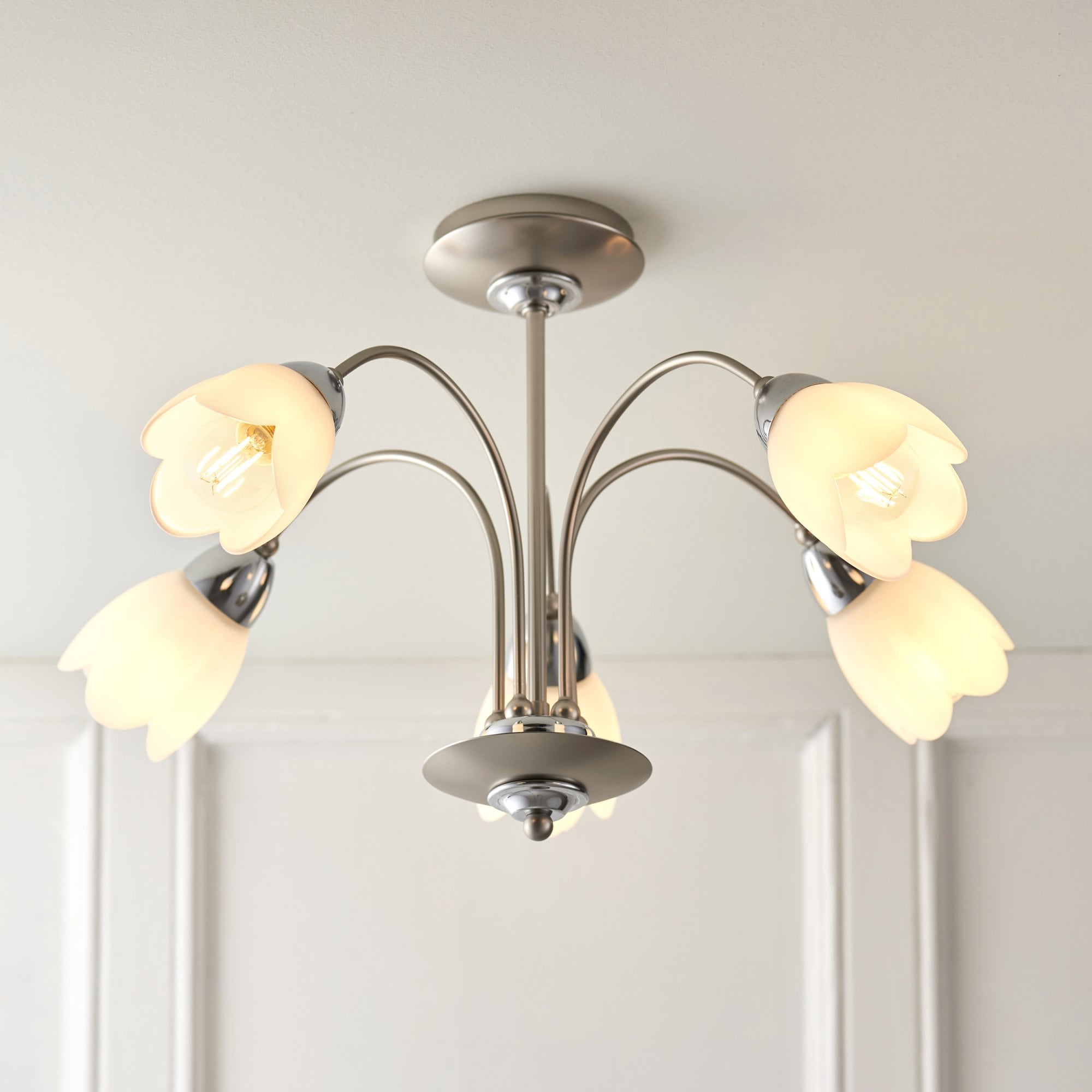 Endon Petal 5 Light Semi Flush Fitting - Satin Chrome Plate & Matt Opal Glass