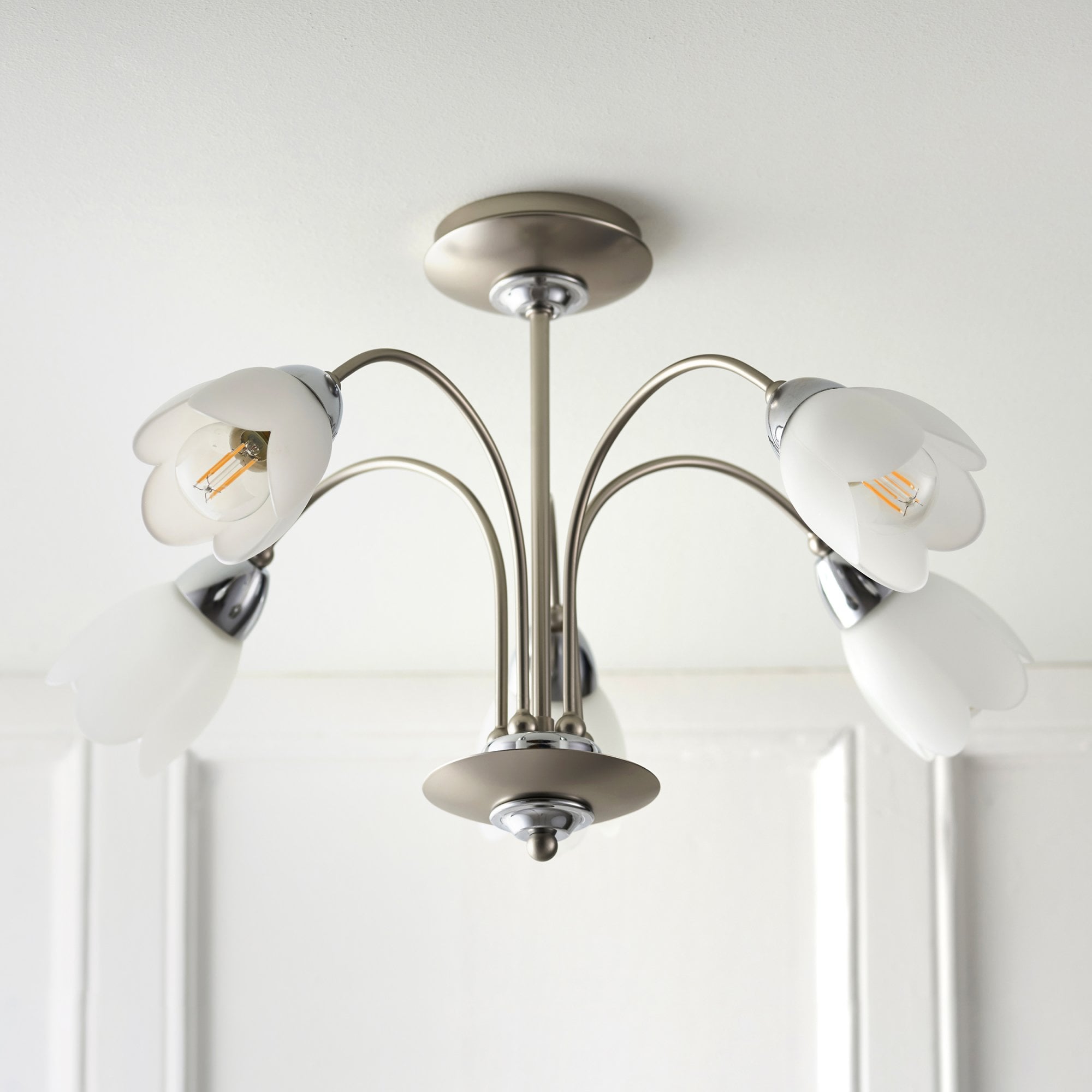 Endon Petal 5 Light Semi Flush Fitting - Satin Chrome Plate & Matt Opal Glass