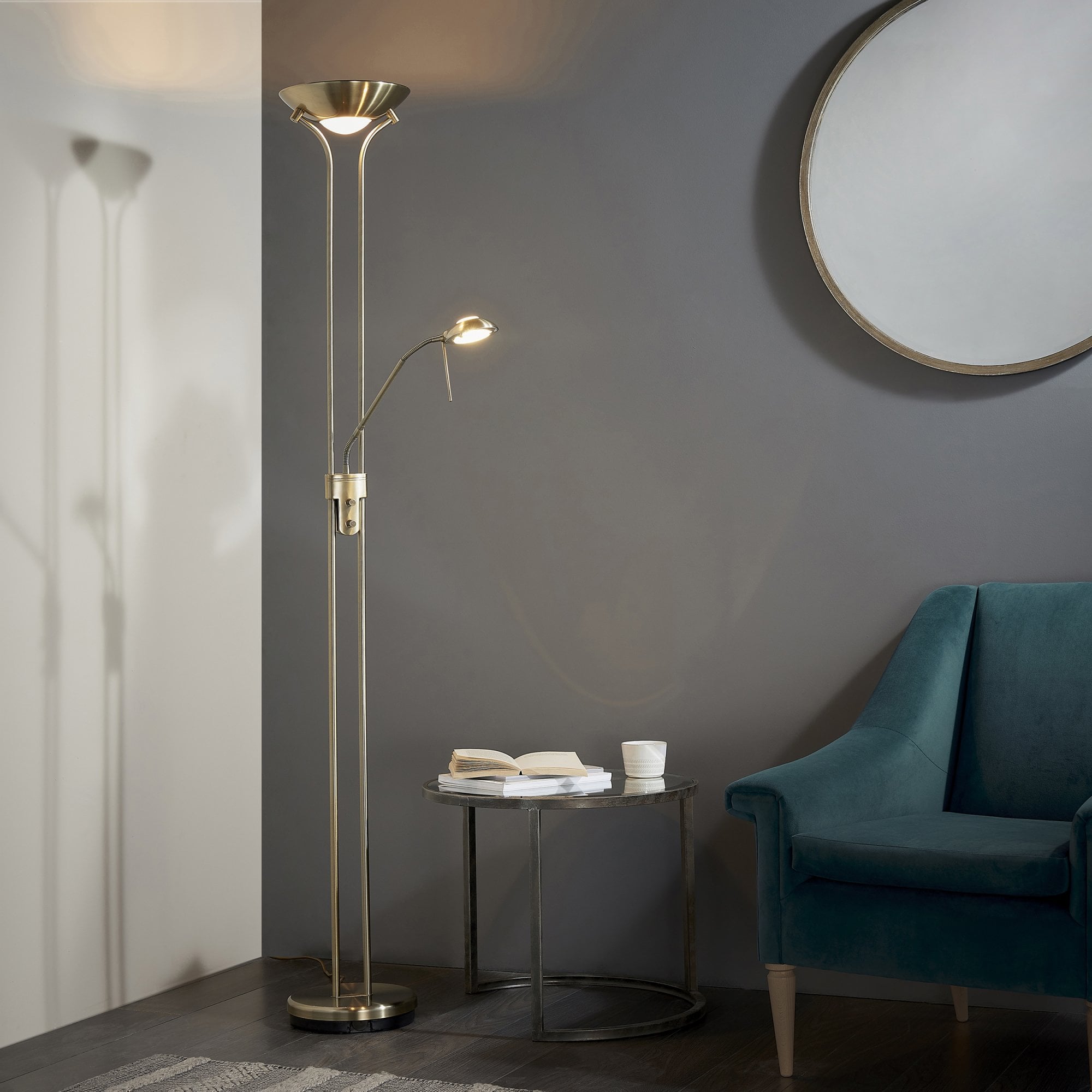 Endon Rome Single Light Floor Lamp - Antique Brass Plate & Opal Glass