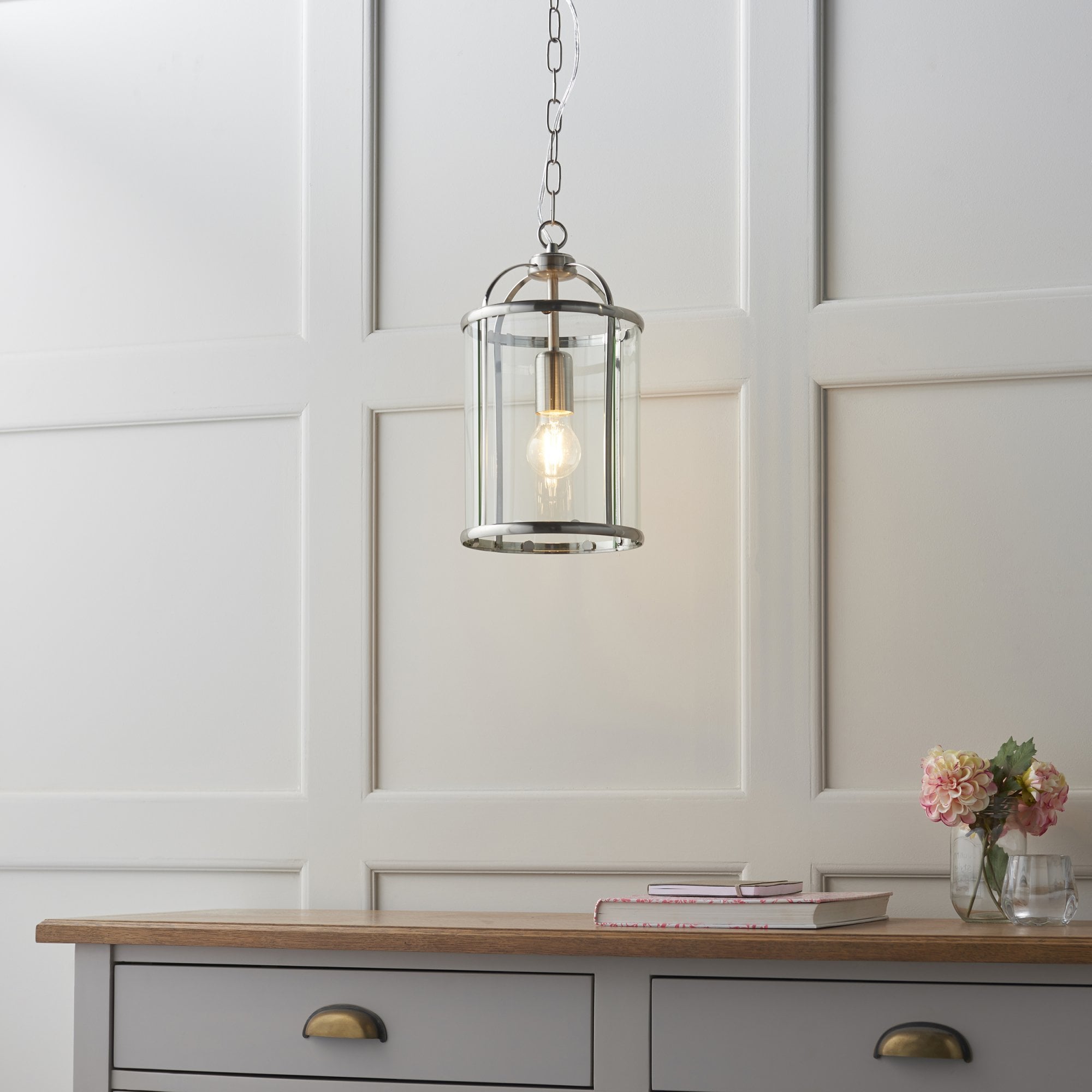 Endon Lambeth Single Light Pendant - Satin Nickel Plate & Clear Glass