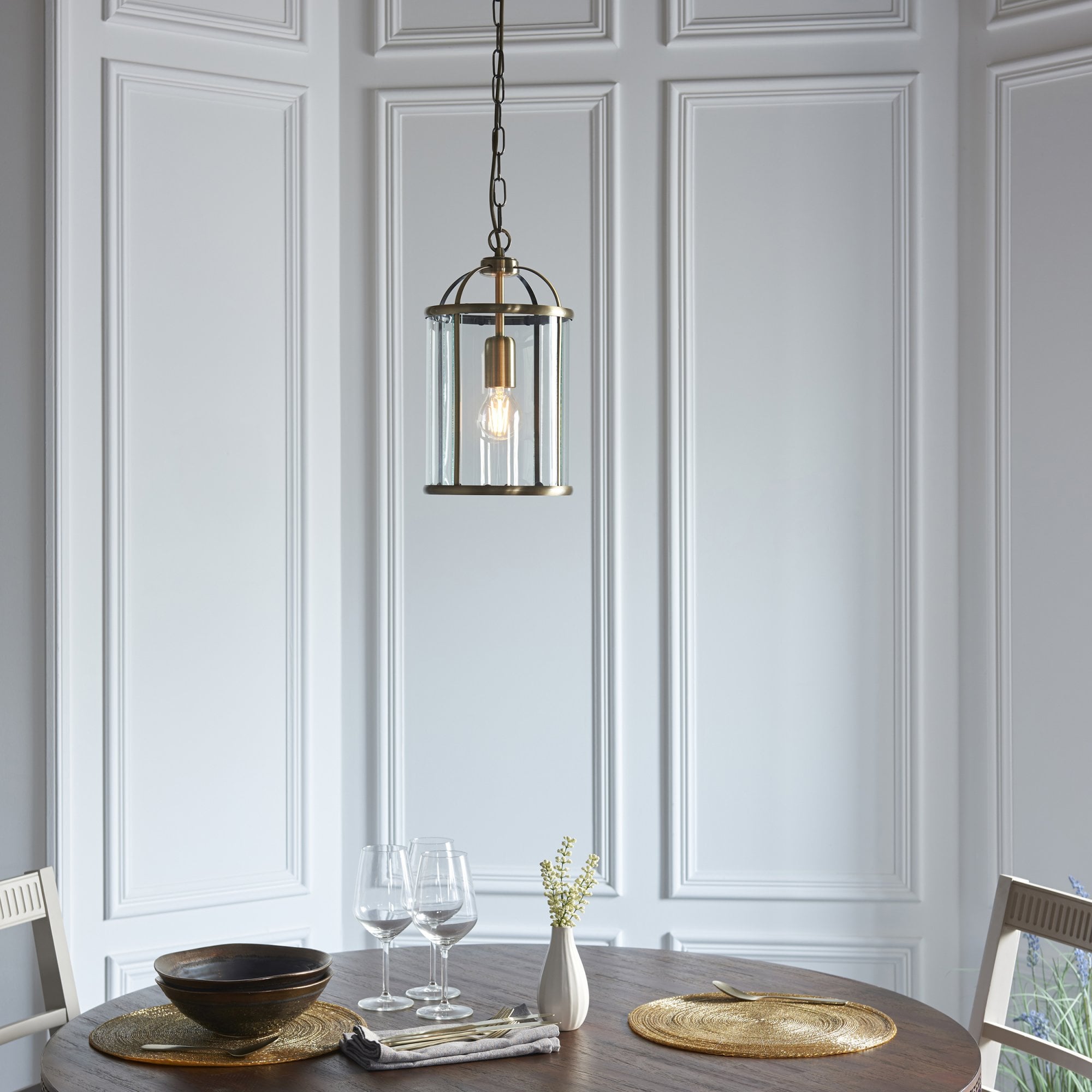 Endon Lambeth Single Light Pendant - Antique Brass Plate & Clear Glass