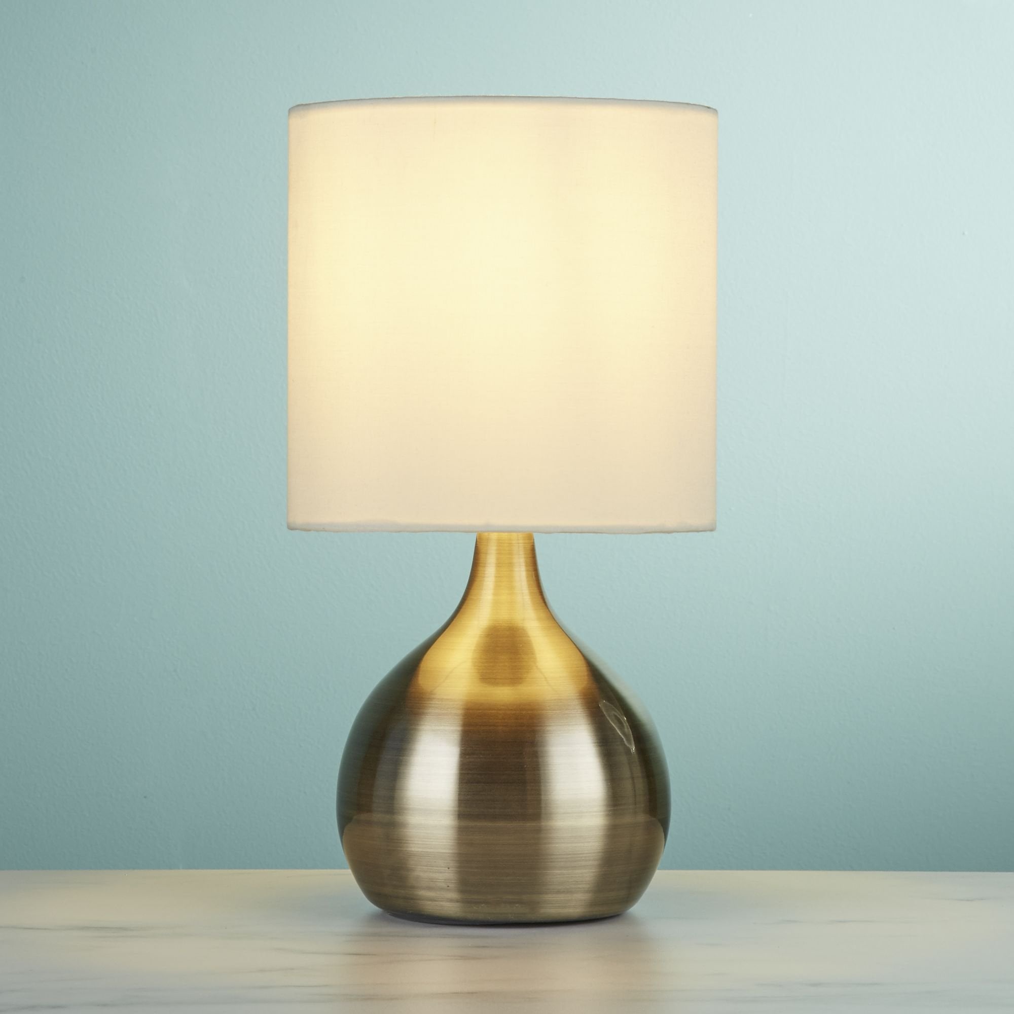 Searchlight Touch Table Lamp, Antique Brass Base, White Drum Shade