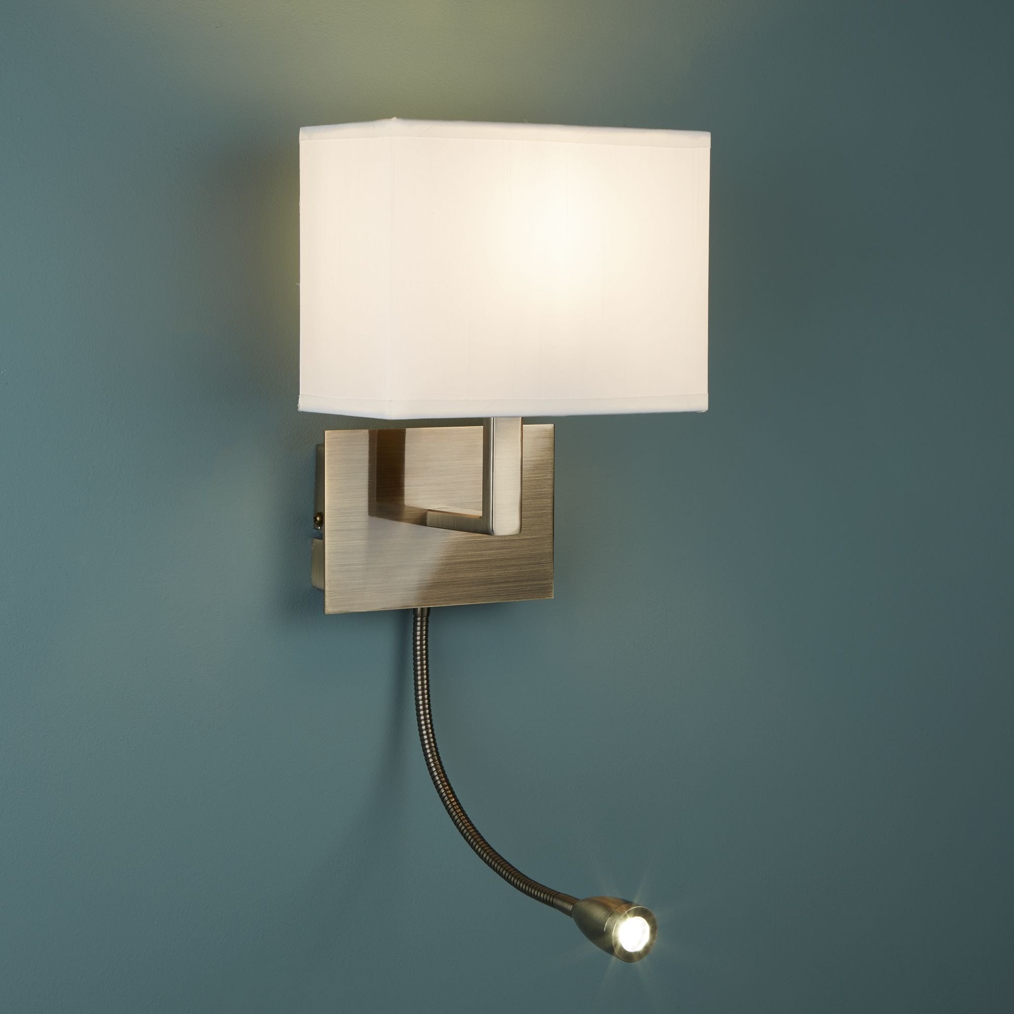 Searchlight Angela Antique Brass Wall Light - White Shade Incorporating LED Flexi - Arm, Switched