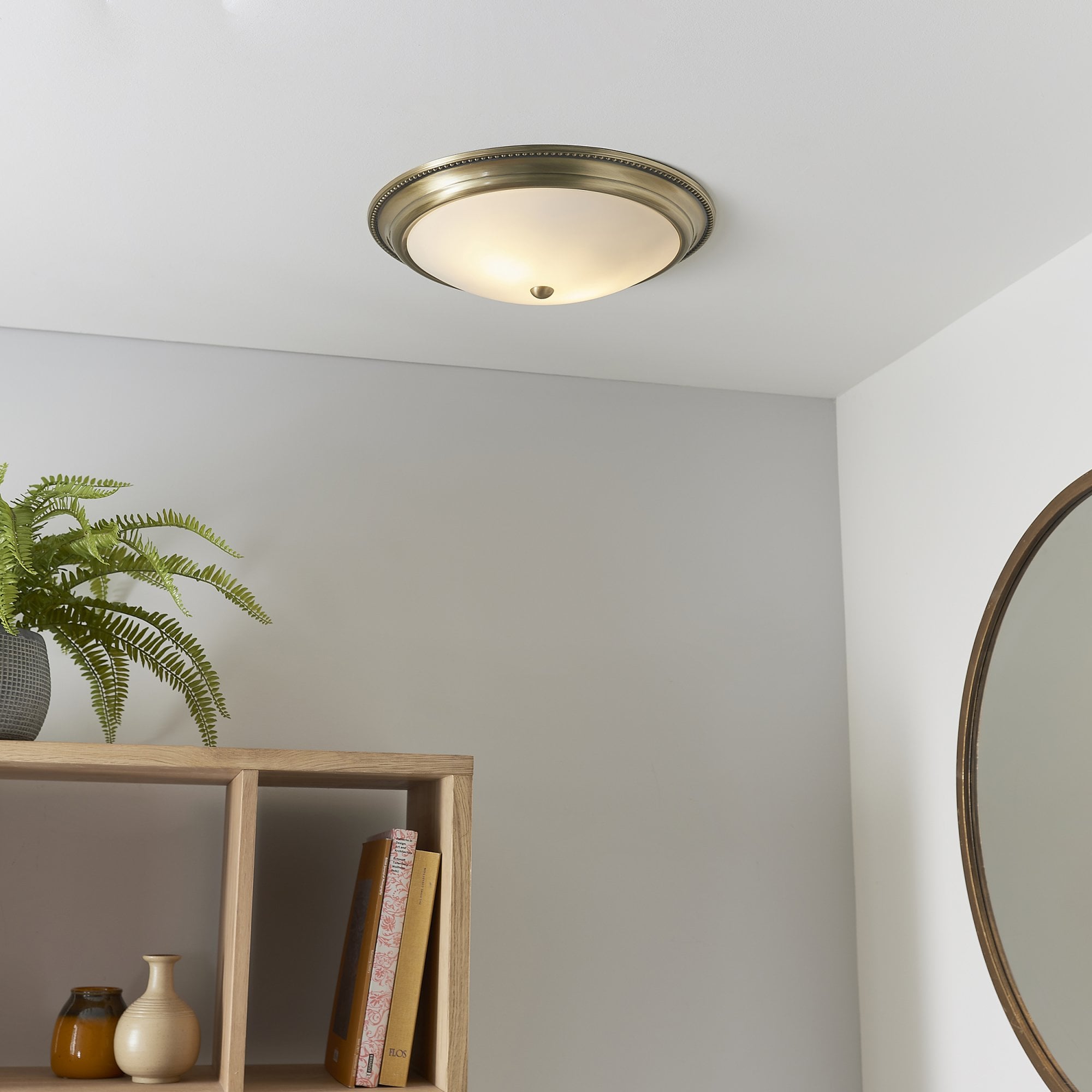 Endon Atlas 2 Light Flush Fitting - Antique Brass Plate & Frosted Glass
