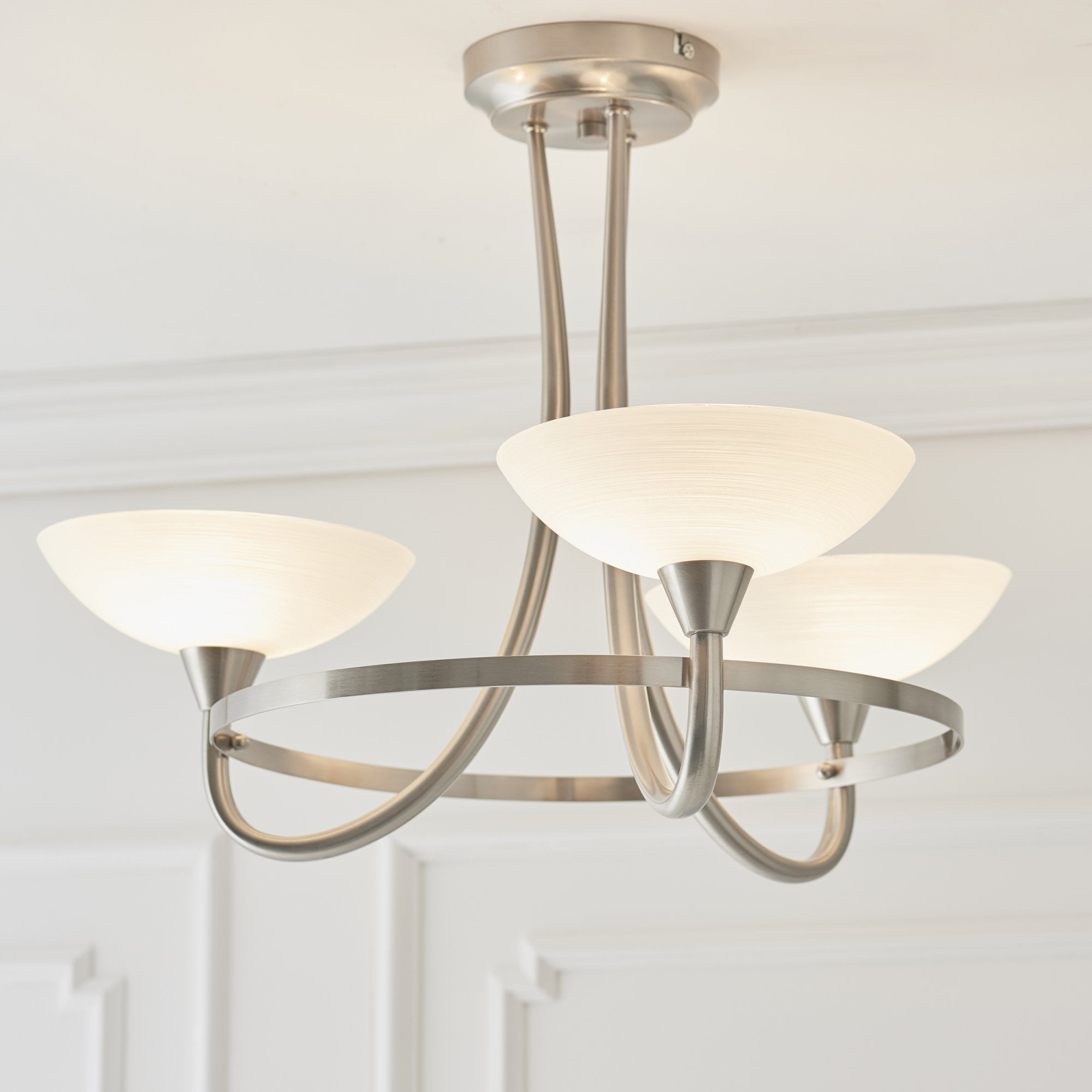 Endon Cagney 3 Light Semi Flush Fitting - Satin Chrome Plate & White Glass