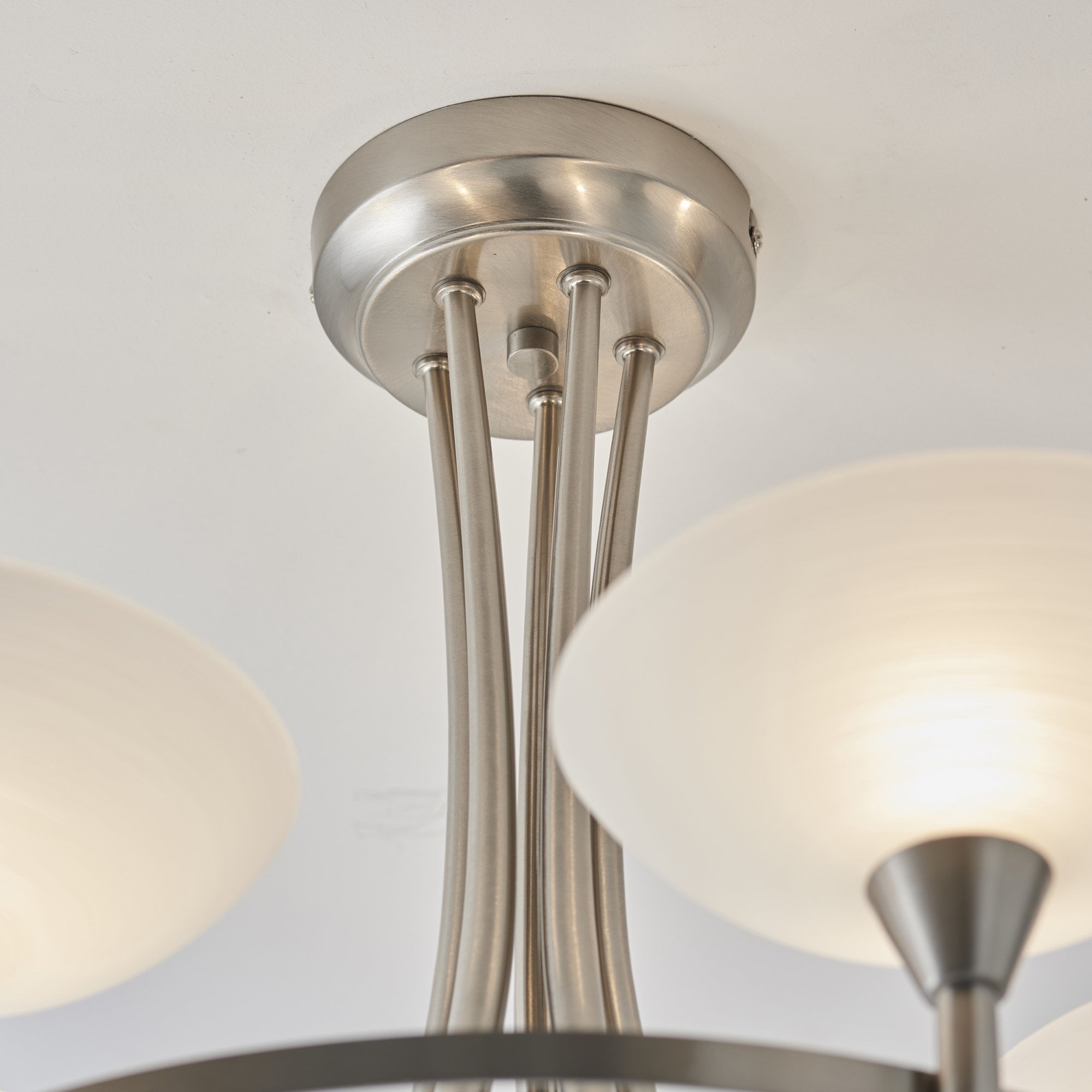 Endon Cagney 5 Light Semi Flush Fitting - Satin Chrome Plate & White Glass