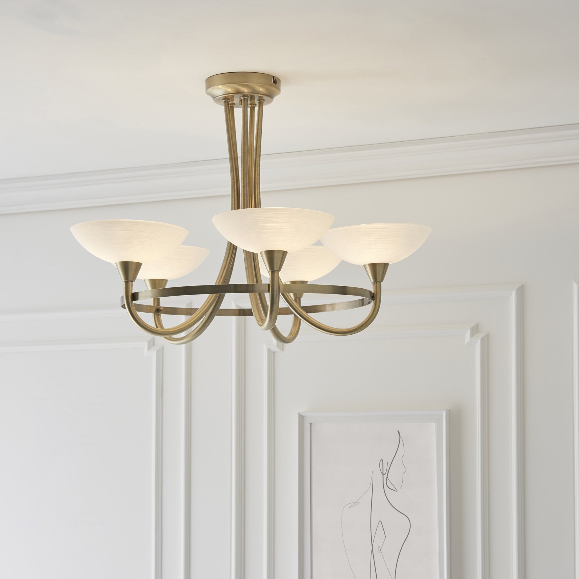 Endon Cagney 5 Light Semi Flush Fitting - Antique Brass Plate & White Glass