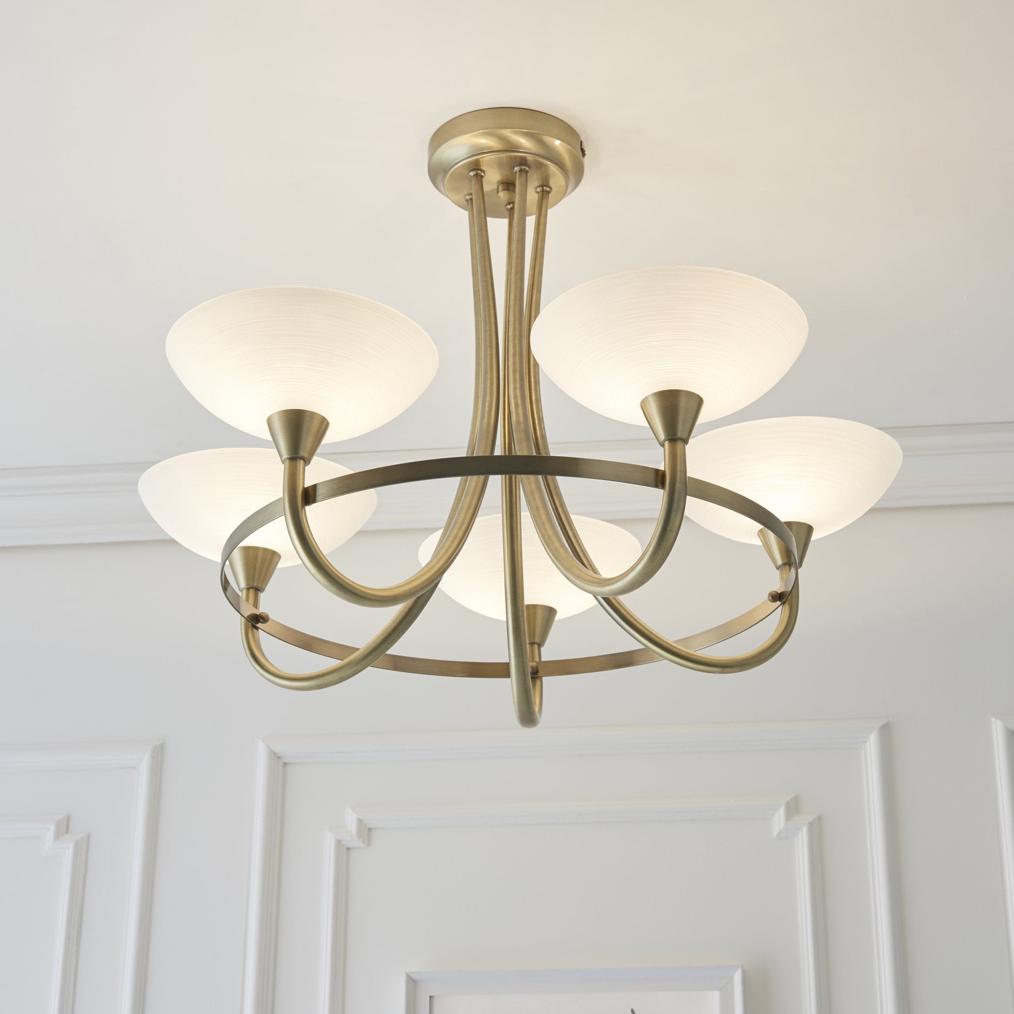 Endon Cagney 5 Light Semi Flush Fitting - Antique Brass Plate & White Glass