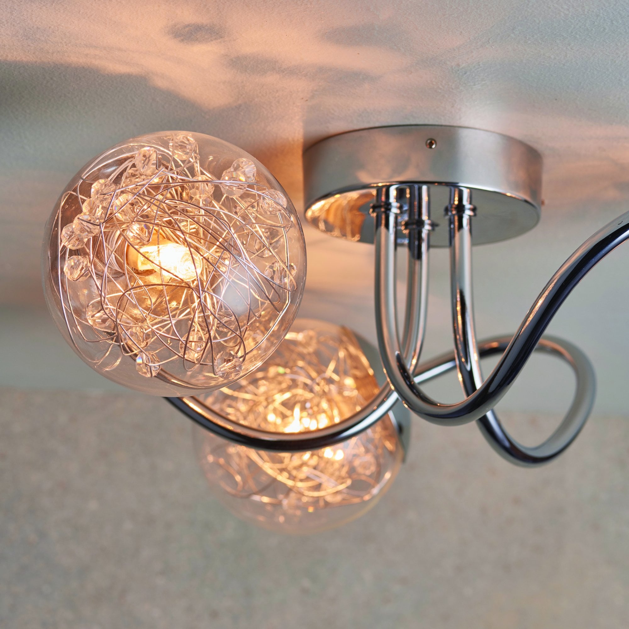 Endon Auria 3 Light Semi Flush Fitting  - Chrome Plate With Clear Glass & Chrome Wire