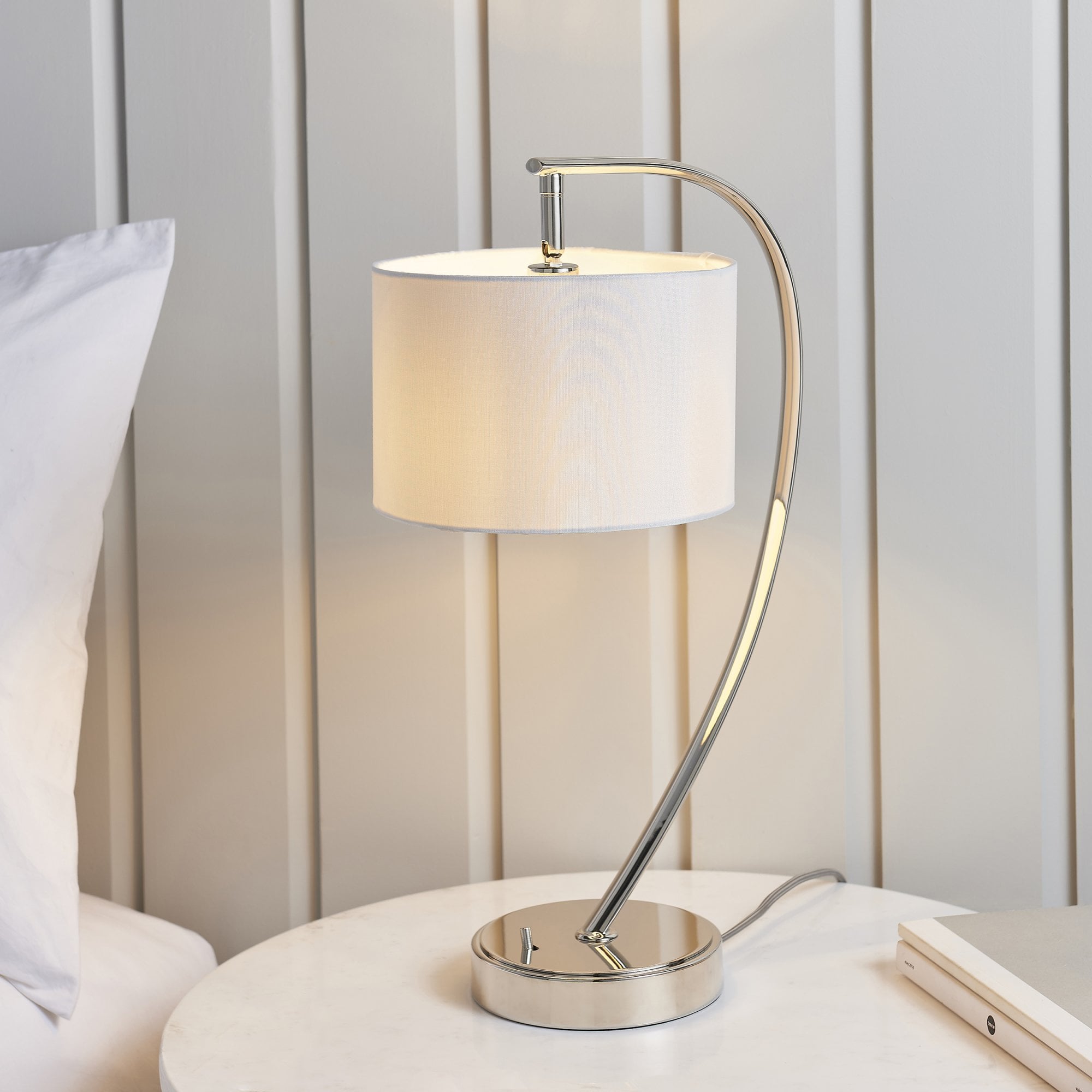 Endon Josephine Single Light Table Lamp - Bright Nickel Plate & Vintage White Fabric
