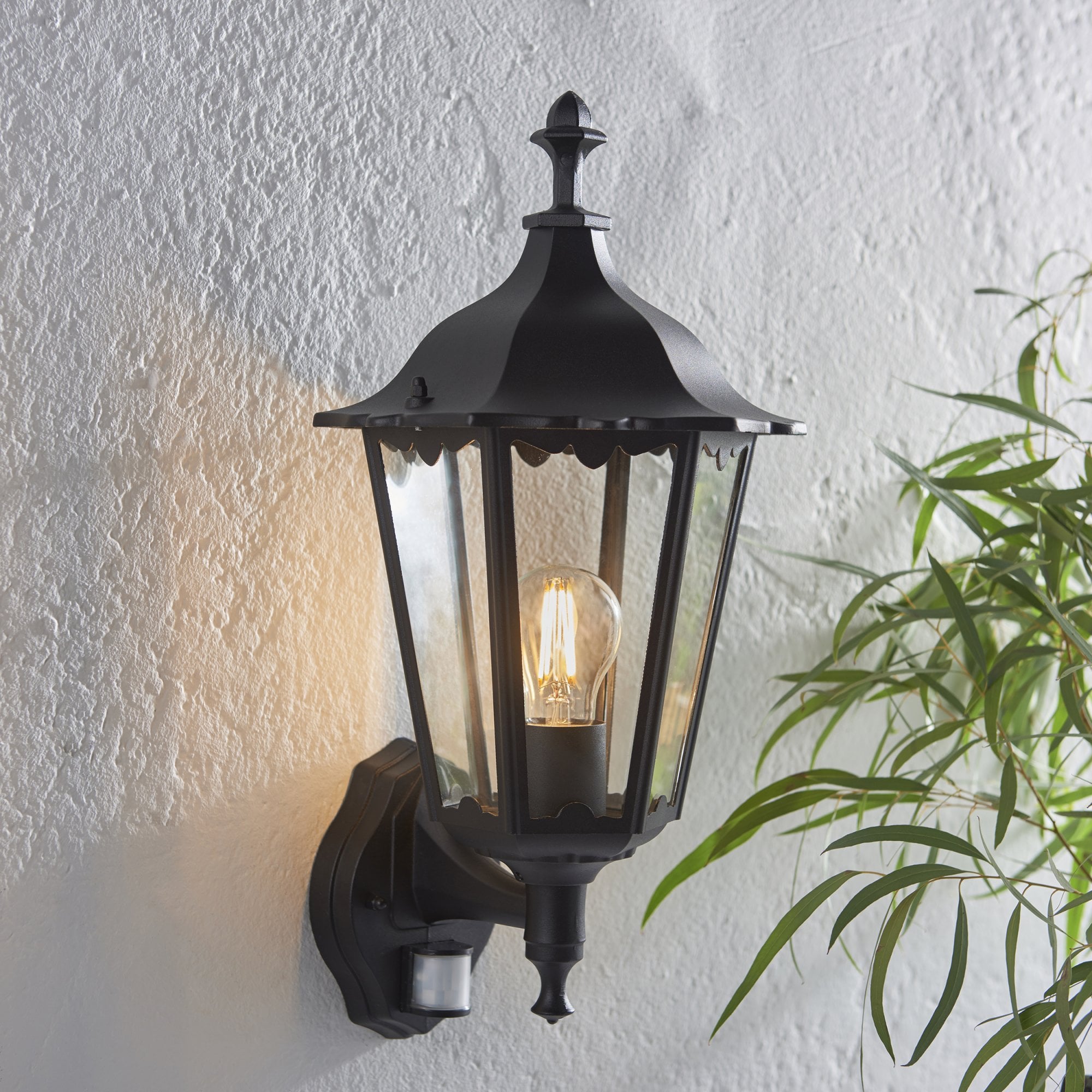 Endon Burford Single Light Wall Light with PIR  - Matt Black & Clear Glass
