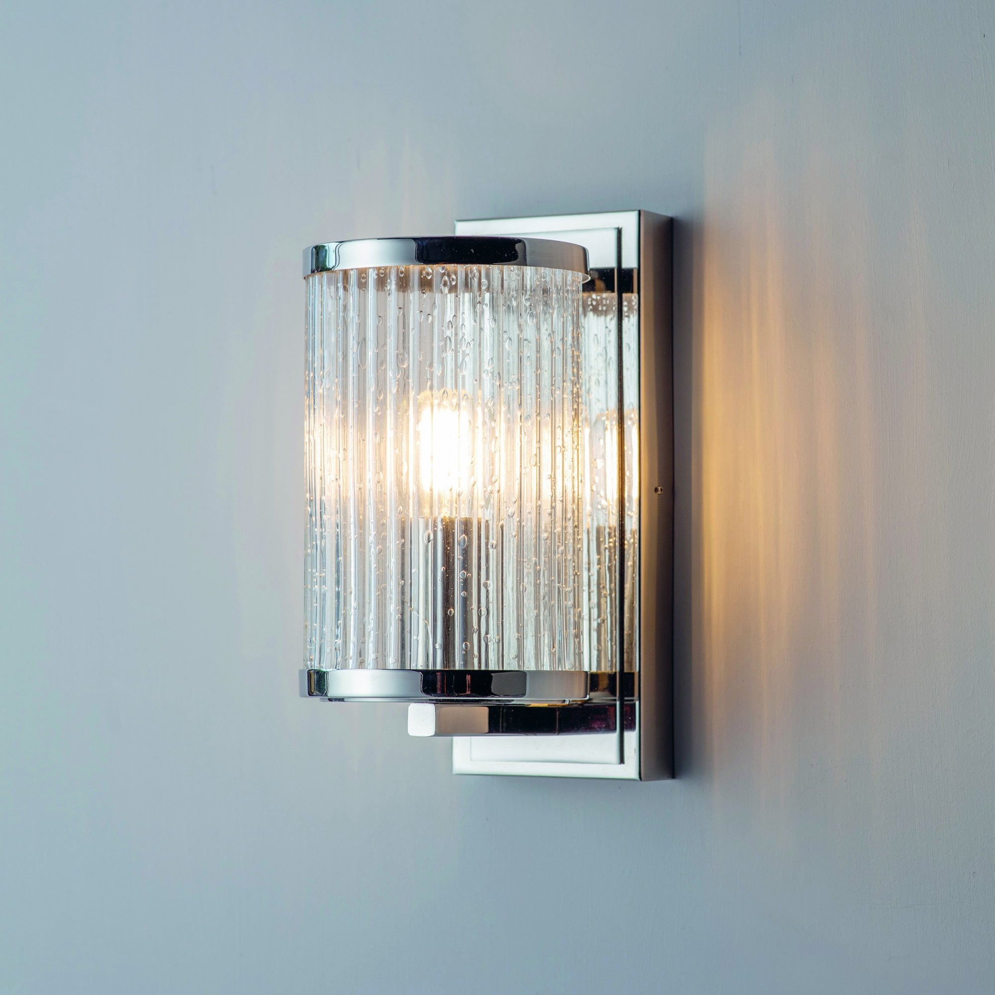 Endon Easton Single Linear Light Wall Light - Bright Nickel Plate & Ribbed Bubble Glass