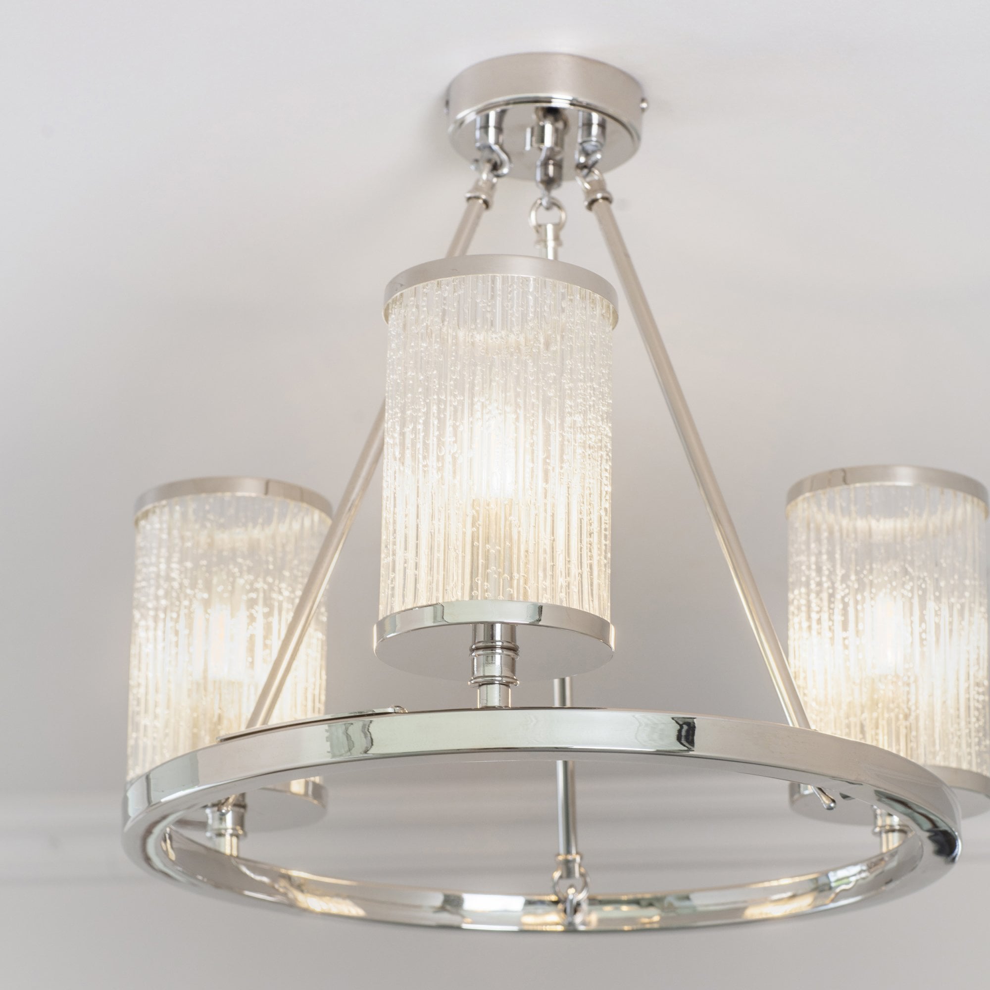 Endon Easton 3 Light Semi Flush Fitting - Bright Nickel Plate & Ribbed Bubble Glass