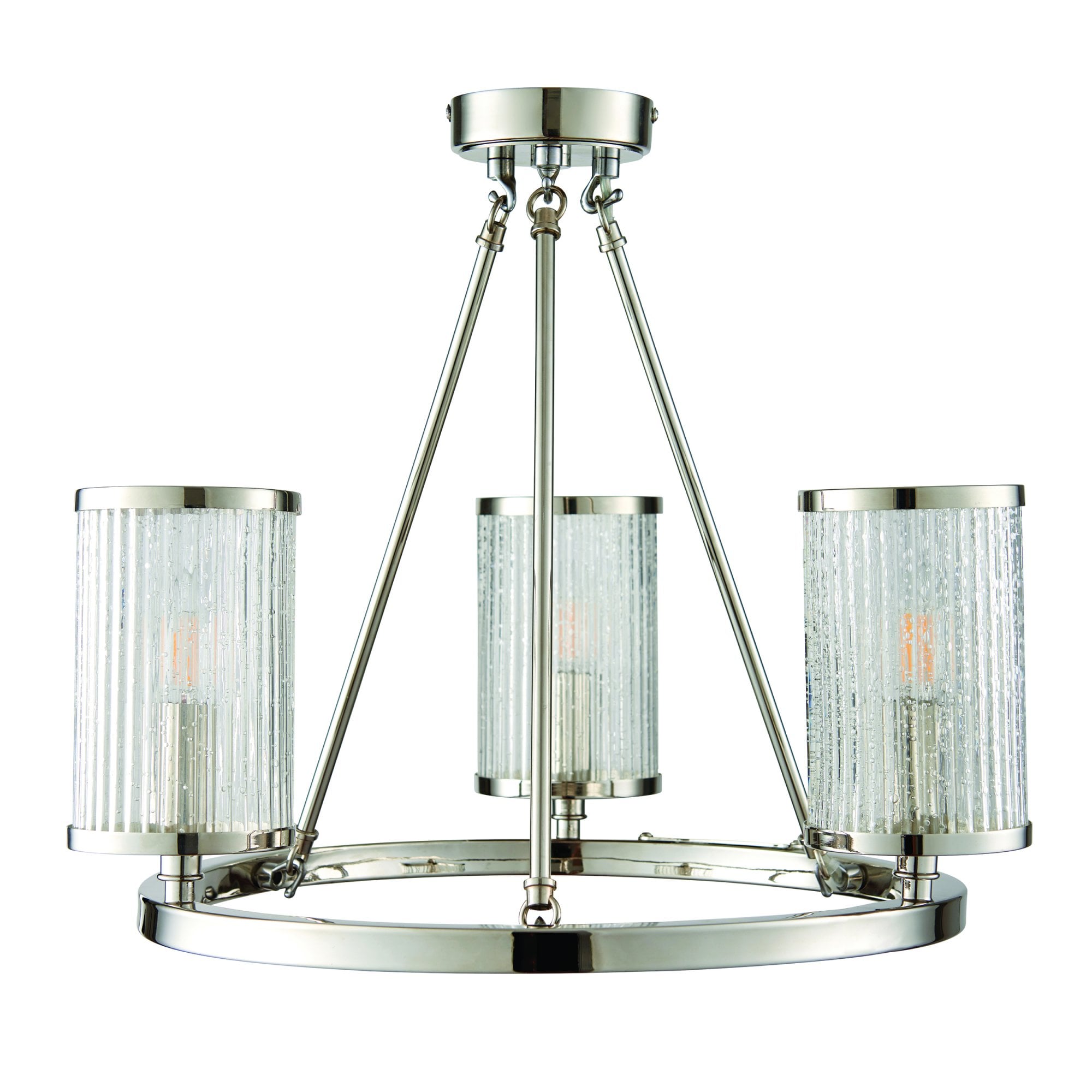 Endon Easton 3 Light Semi Flush Fitting - Bright Nickel Plate & Ribbed Bubble Glass