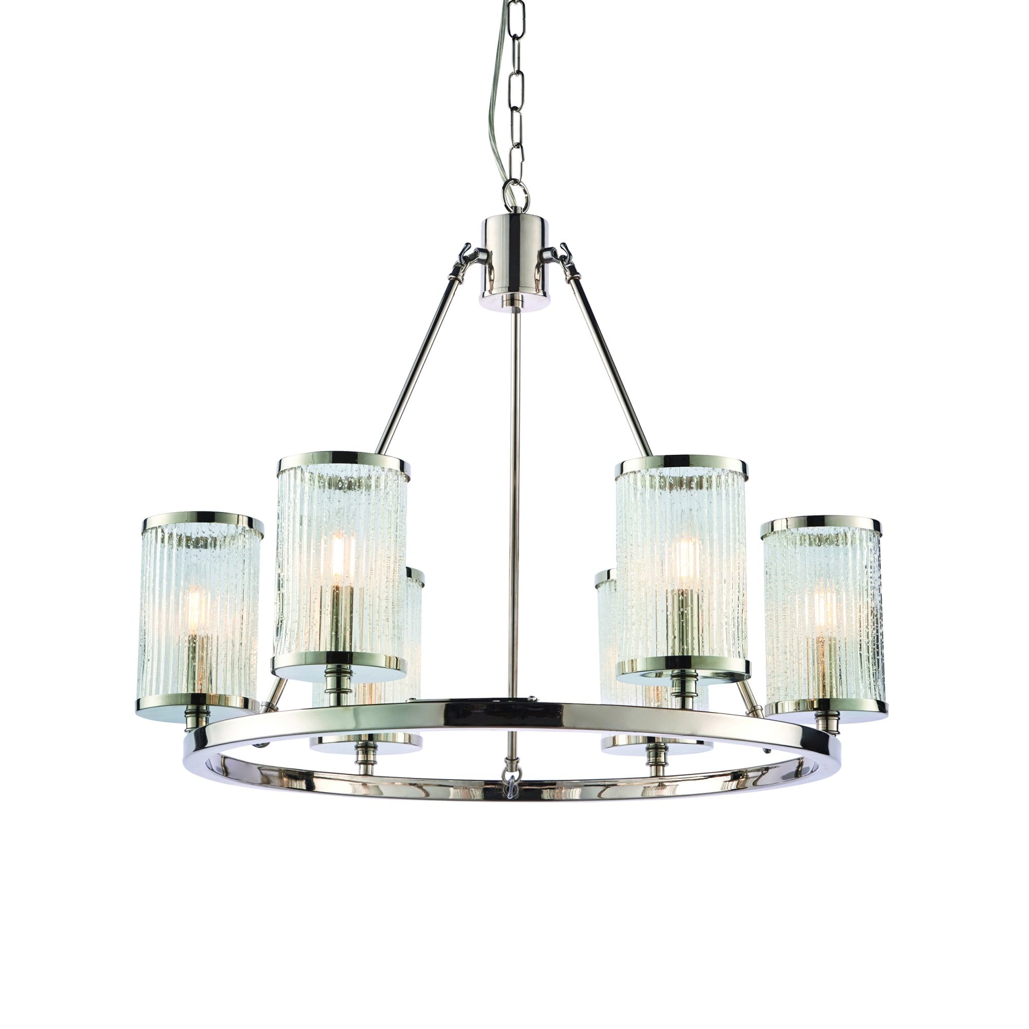 Endon Easton 6 Light Pendant - Bright Nickel Plate & Ribbed Bubble Glass