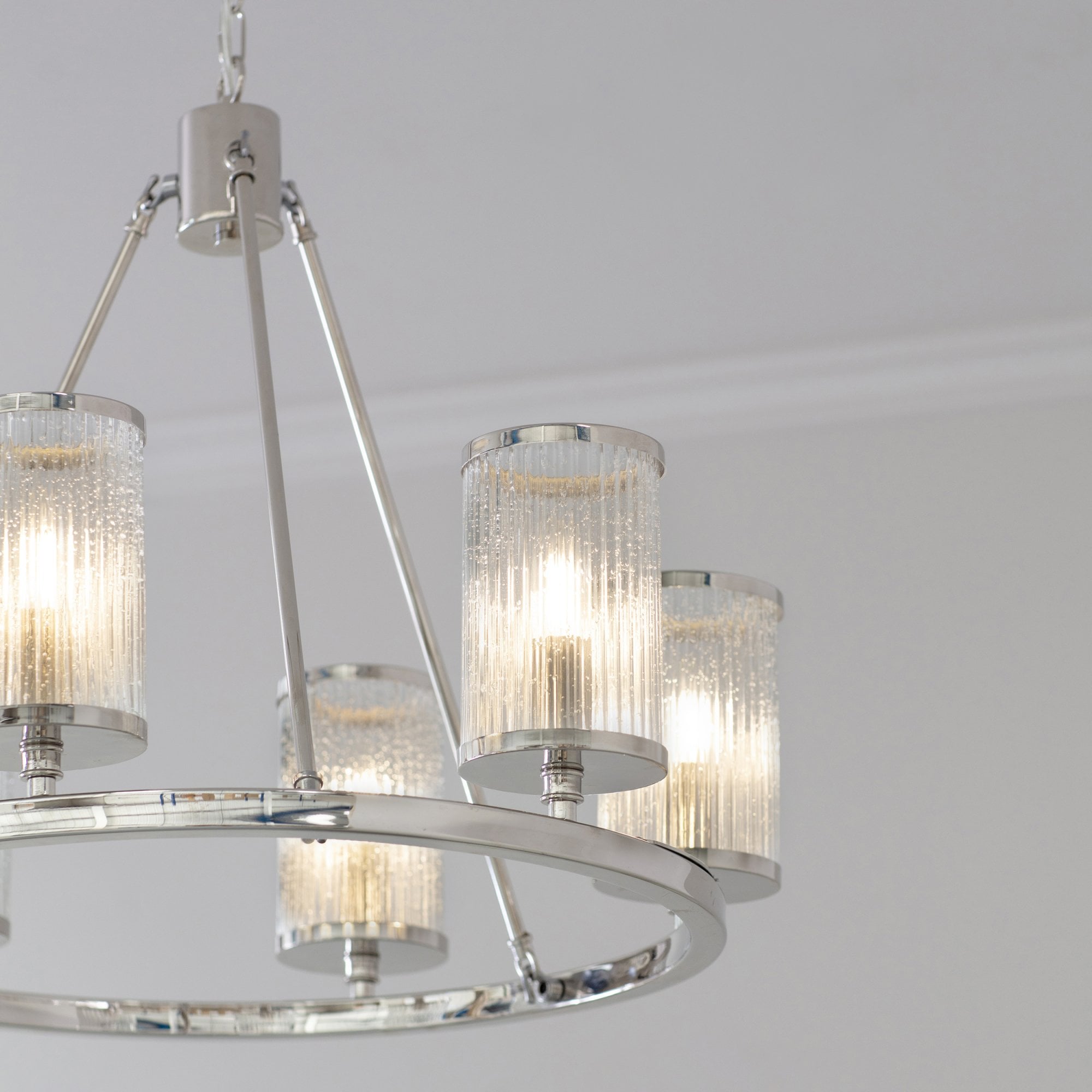 Endon Easton 6 Light Pendant - Bright Nickel Plate & Ribbed Bubble Glass