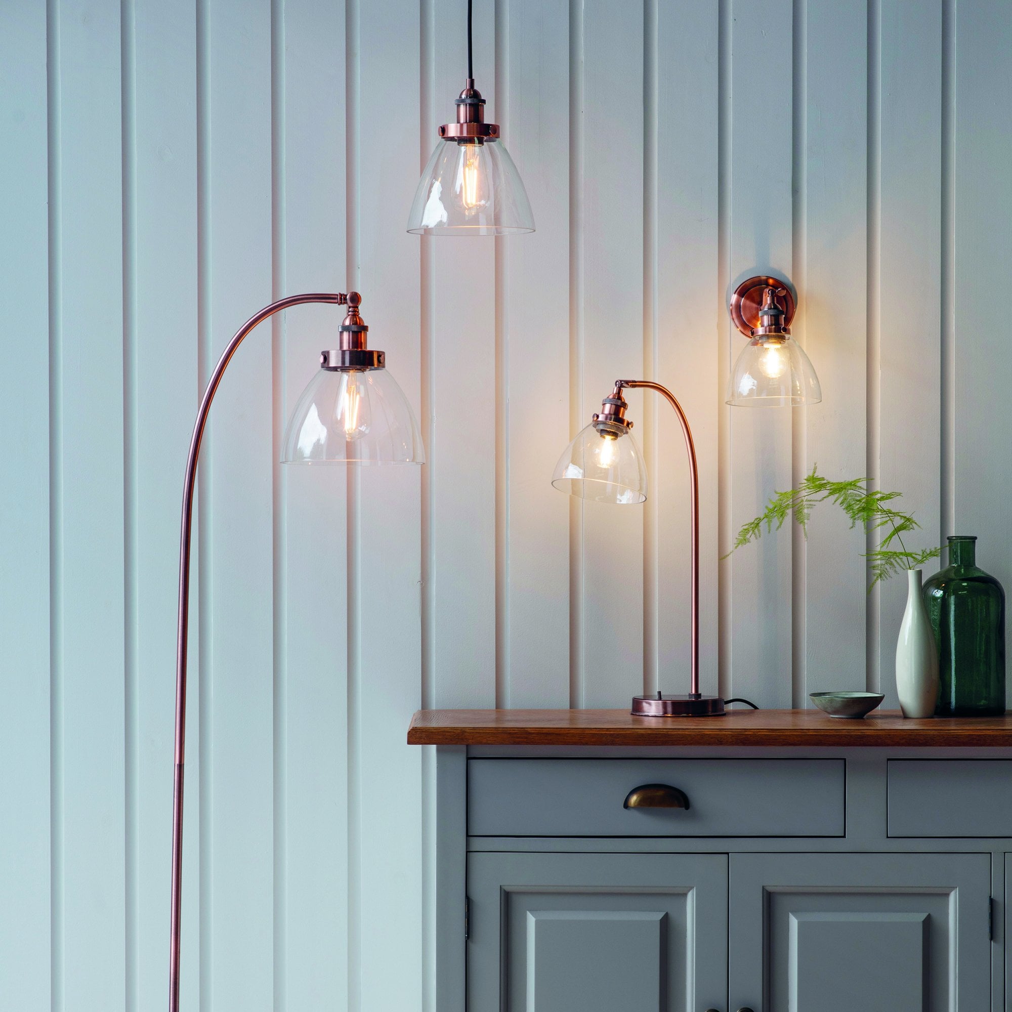 Endon Hansen Single Light Pendant  - Aged Copper Plate & Clear Glass