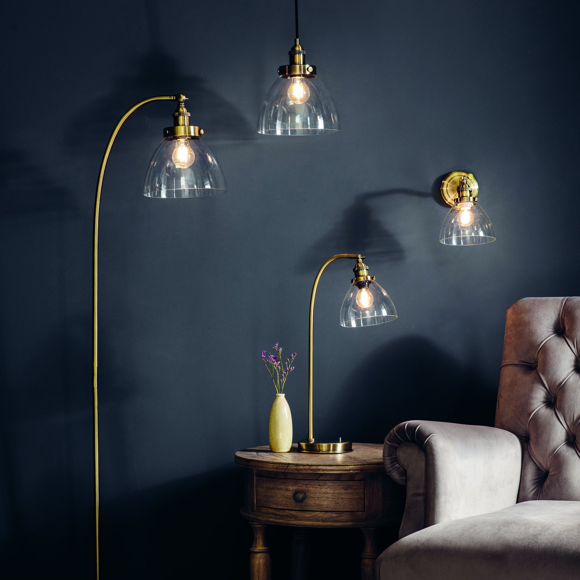 Endon Hansen Single Light Pendant - Antique Brass Plate & Clear Glass