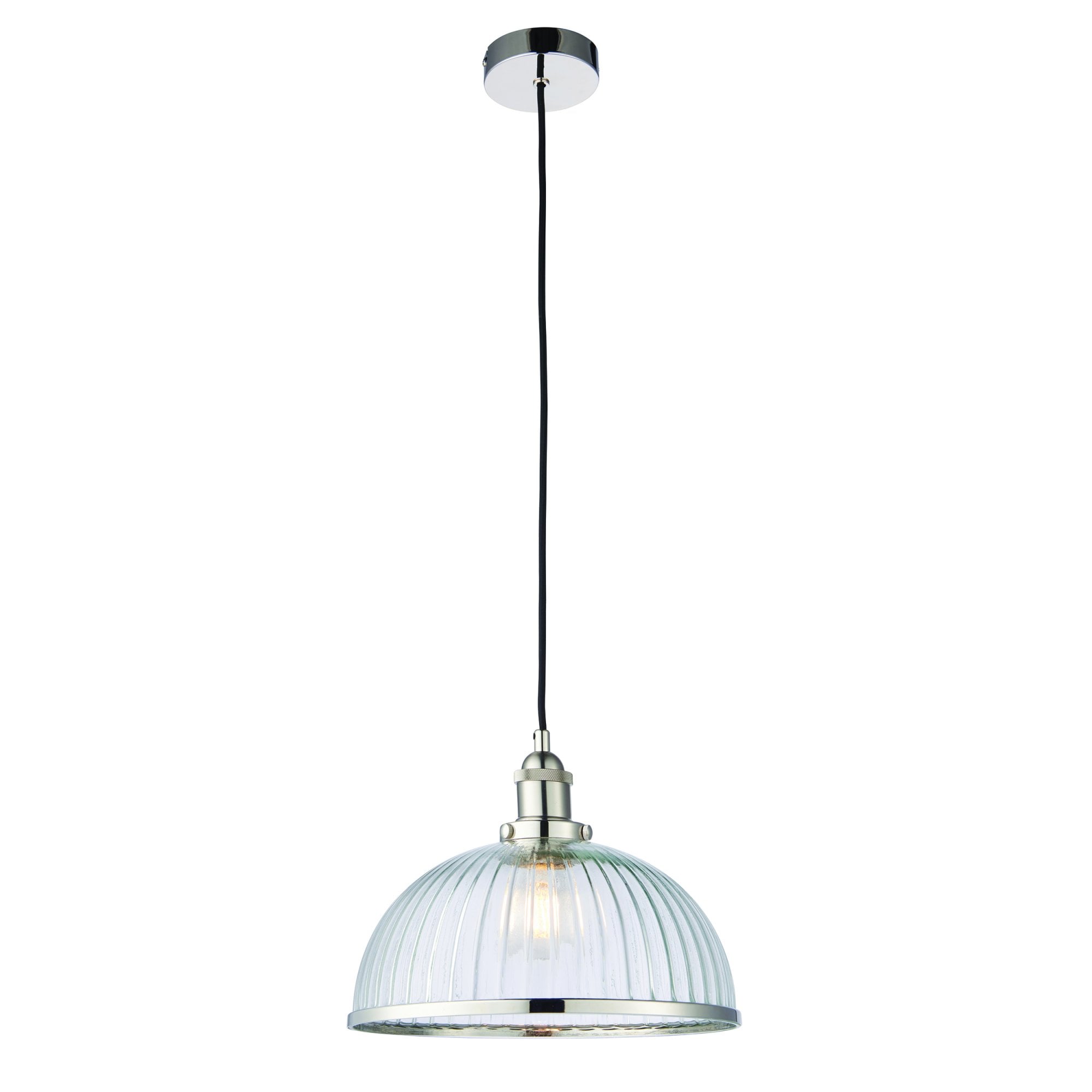 Endon Hansen Single Light Pendant - Bright Nickel Plate & Clear Ribbed Glass
