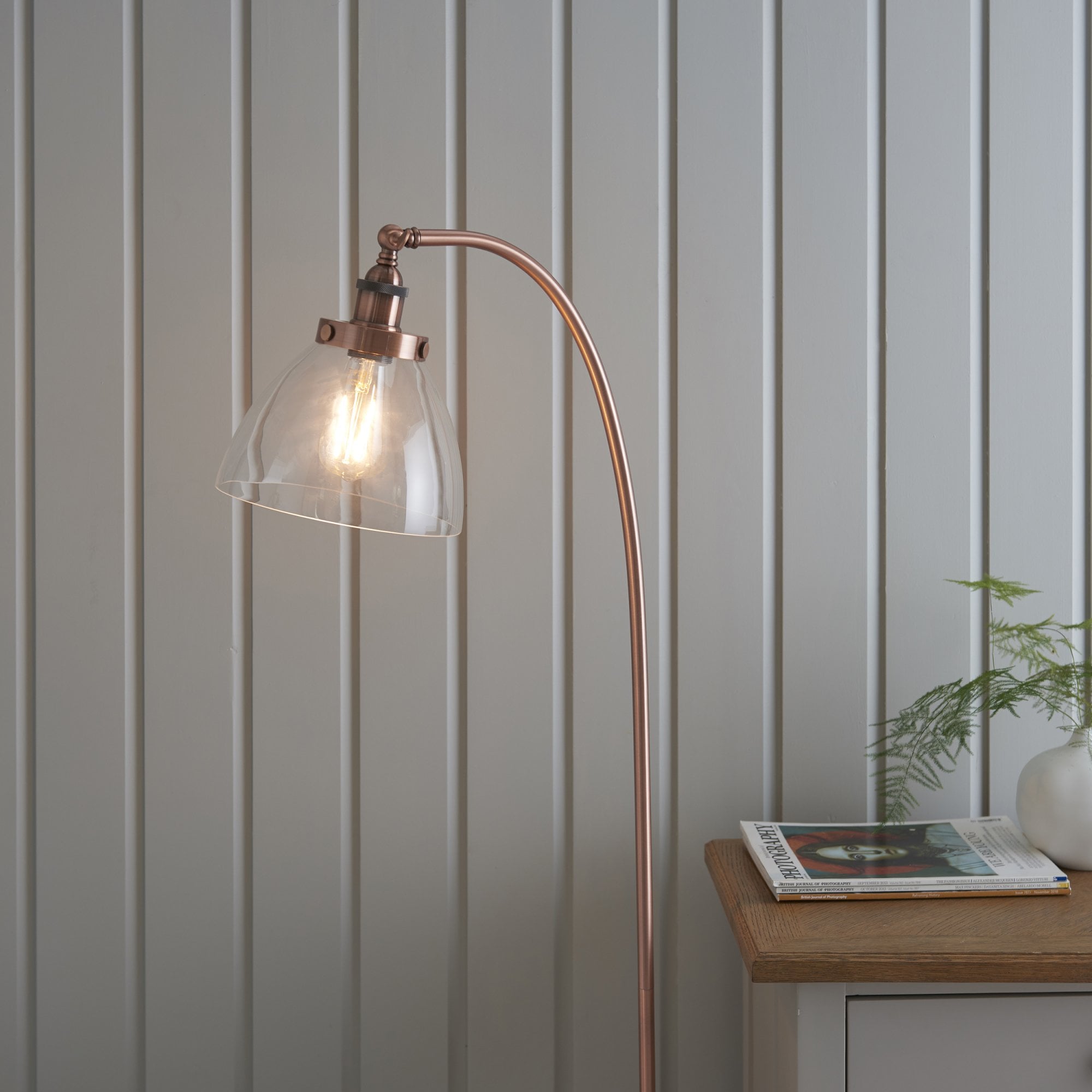 Endon Hansen Single Light Floor Lamp  - Aged Copper Plate & Clear Glass