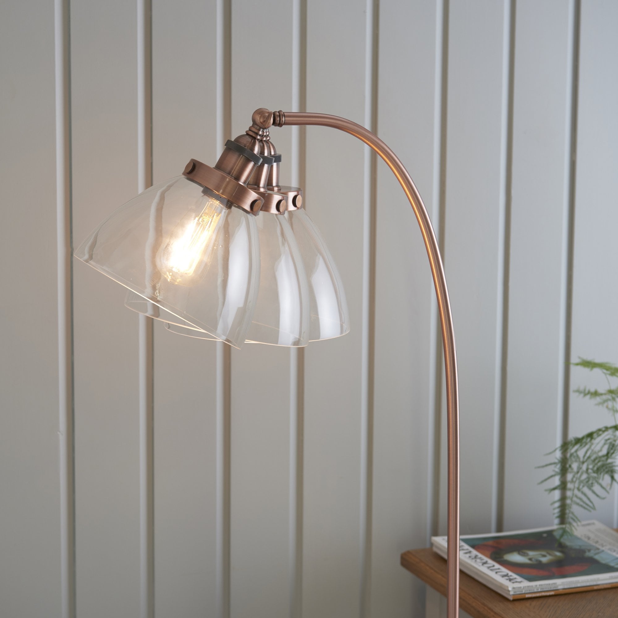 Endon Hansen Single Light Floor Lamp  - Aged Copper Plate & Clear Glass