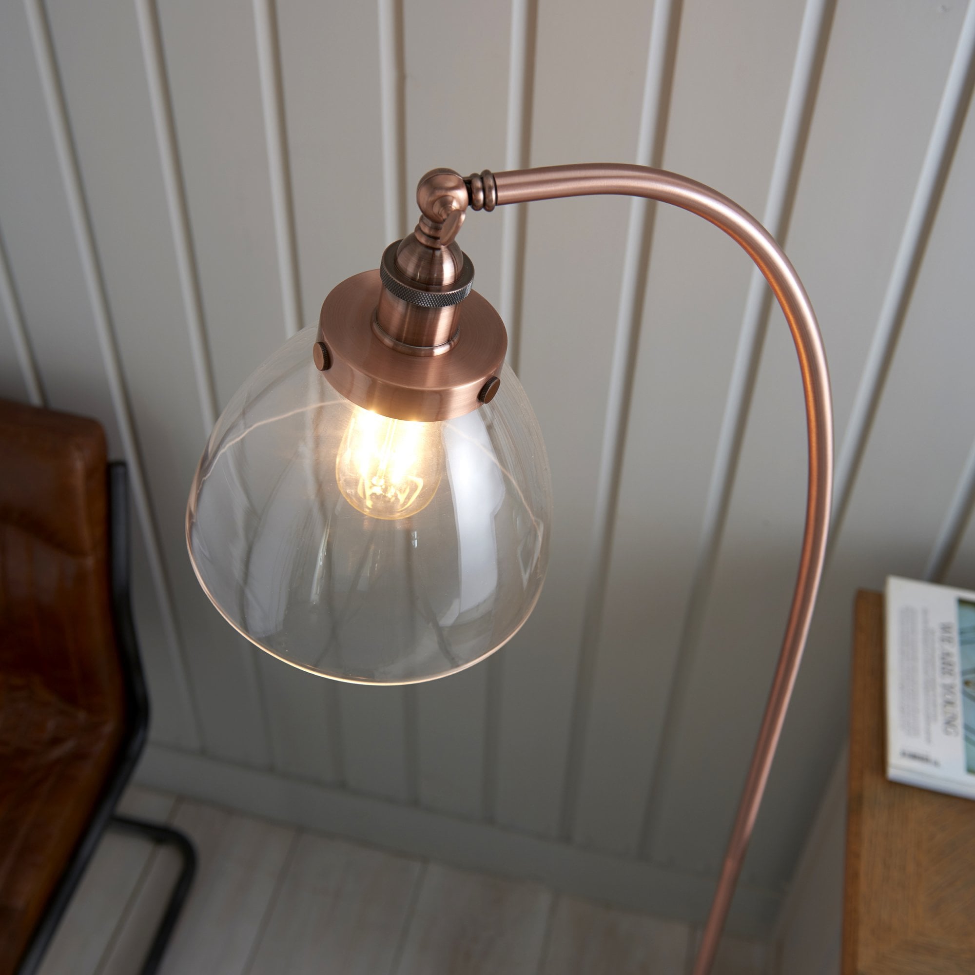 Endon Hansen Single Light Floor Lamp  - Aged Copper Plate & Clear Glass
