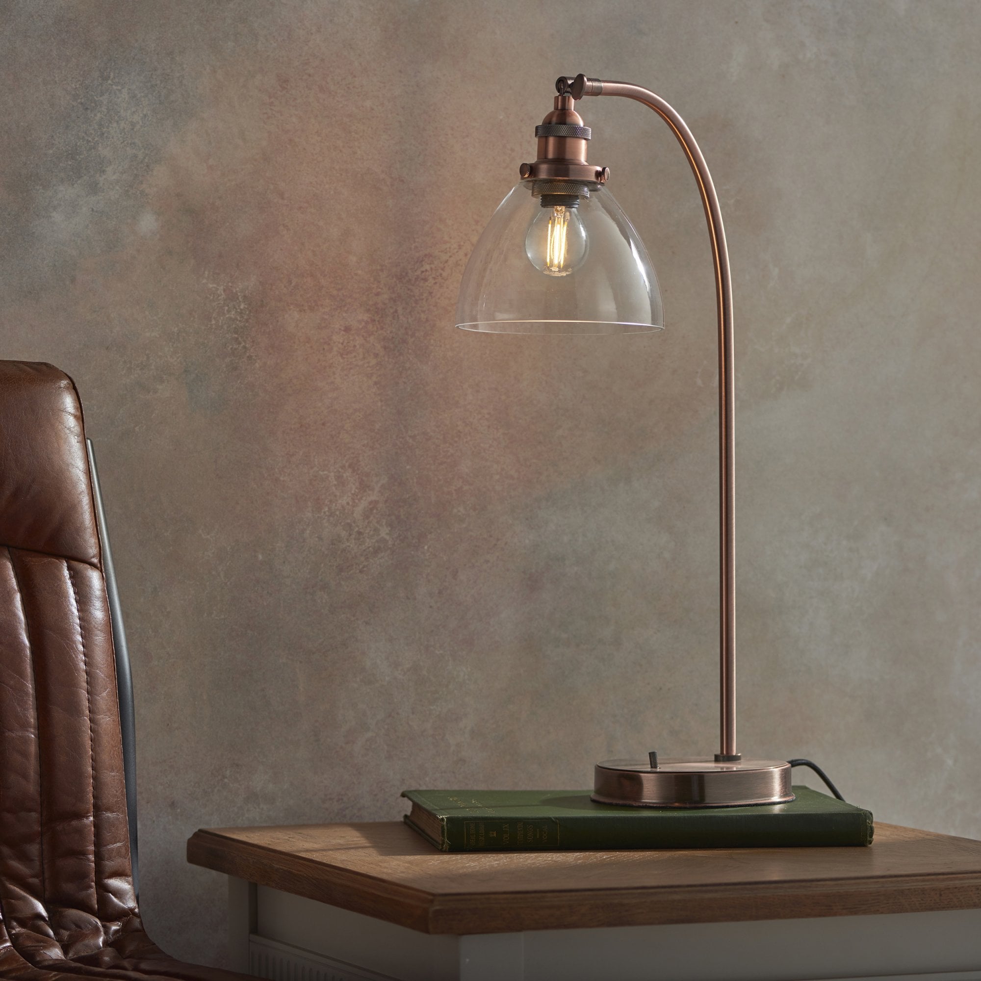 Endon Hansen Single Light Table Lamp  - Aged Copper Plate & Clear Glass