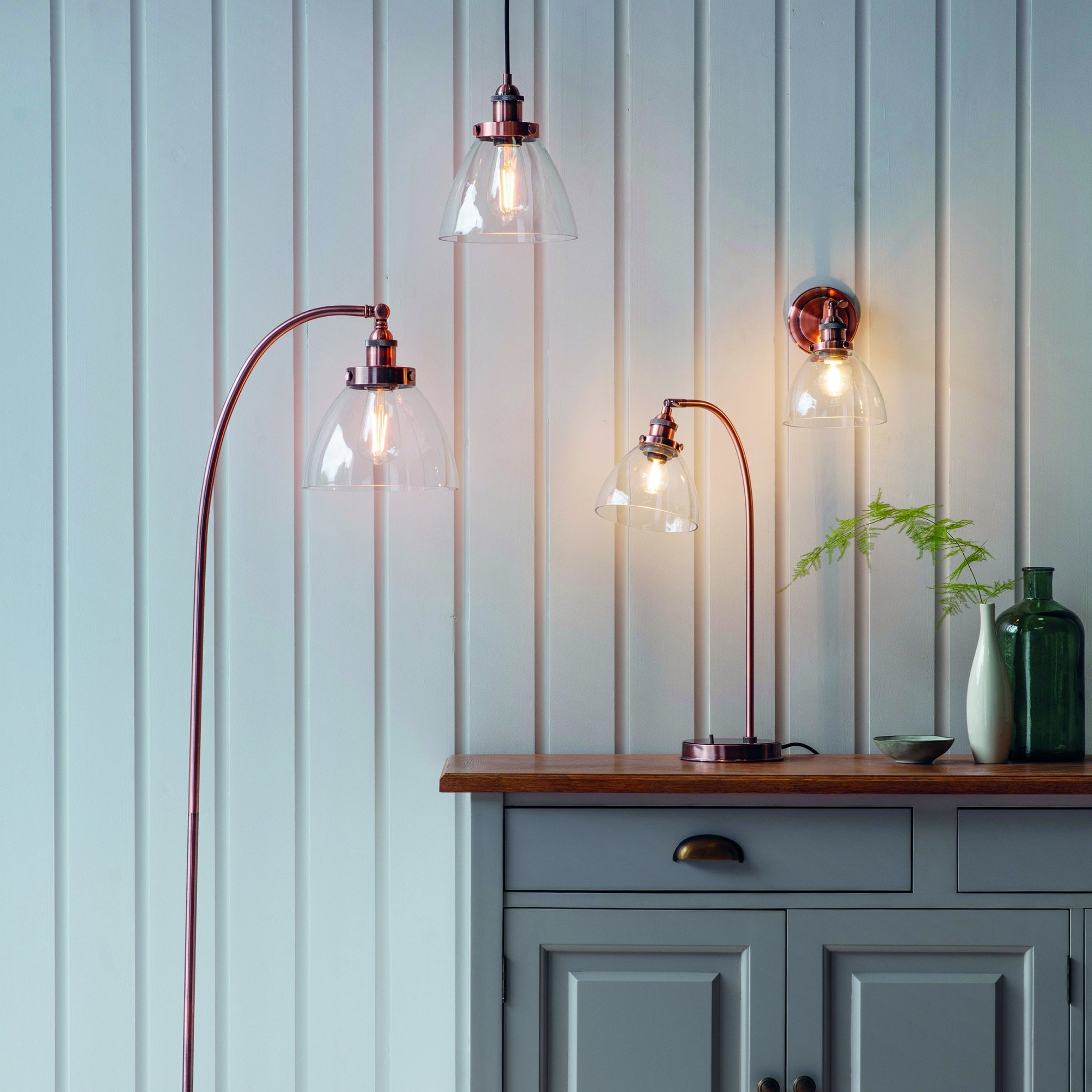 Endon Hansen Single Light Table Lamp  - Aged Copper Plate & Clear Glass