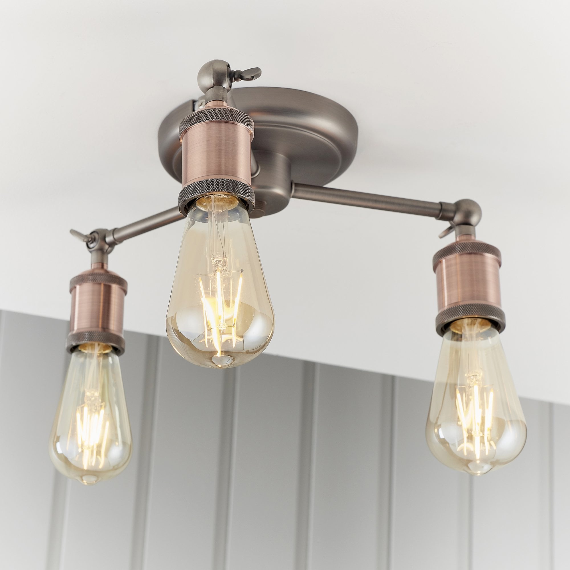 Endon Hal 3 Light Semi Flush Fitting - Aged Pewter & Aged Copper Plate